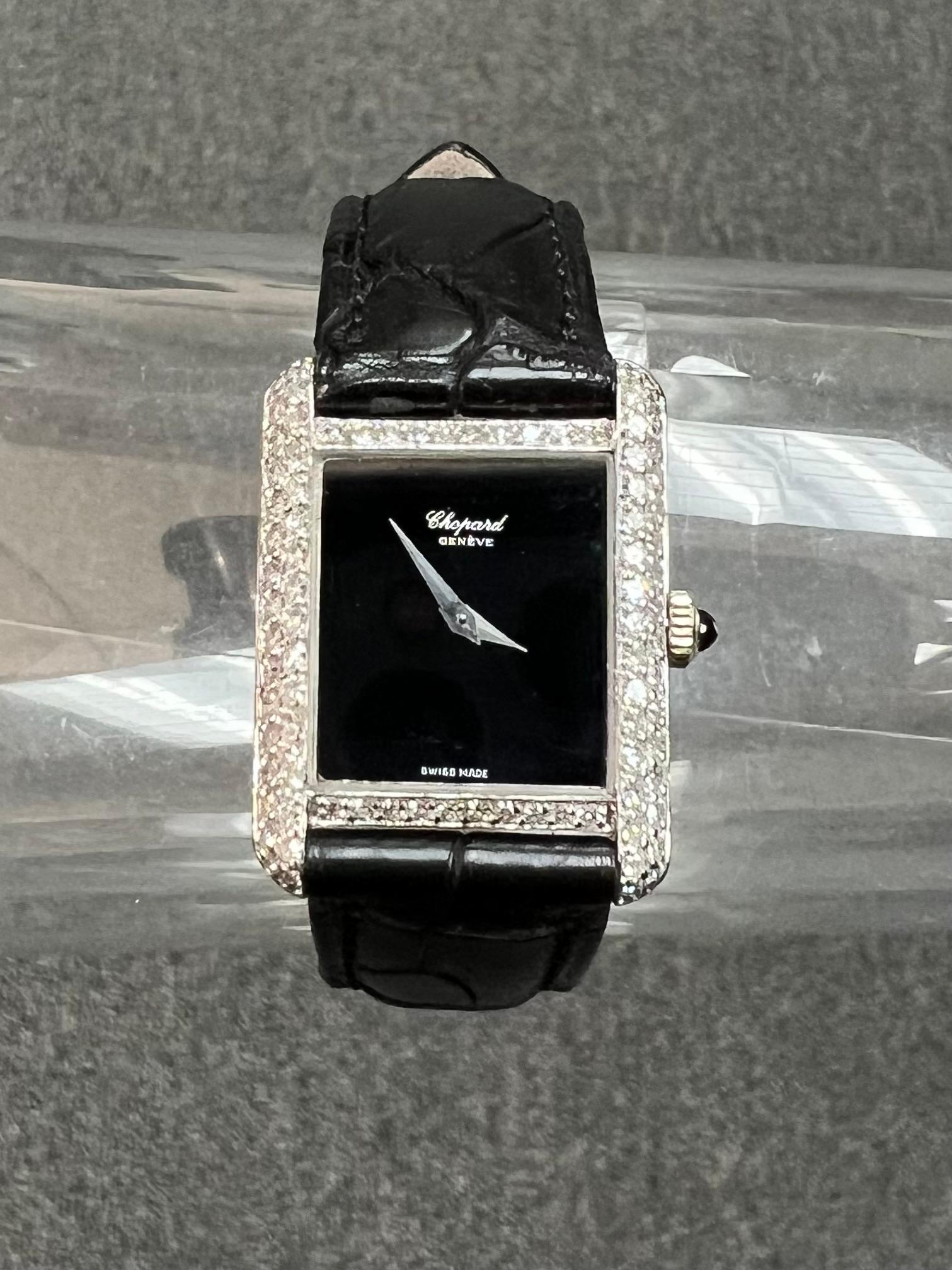Round Cut Chopard Ladies Diamond Tank White Gold Wristwatch