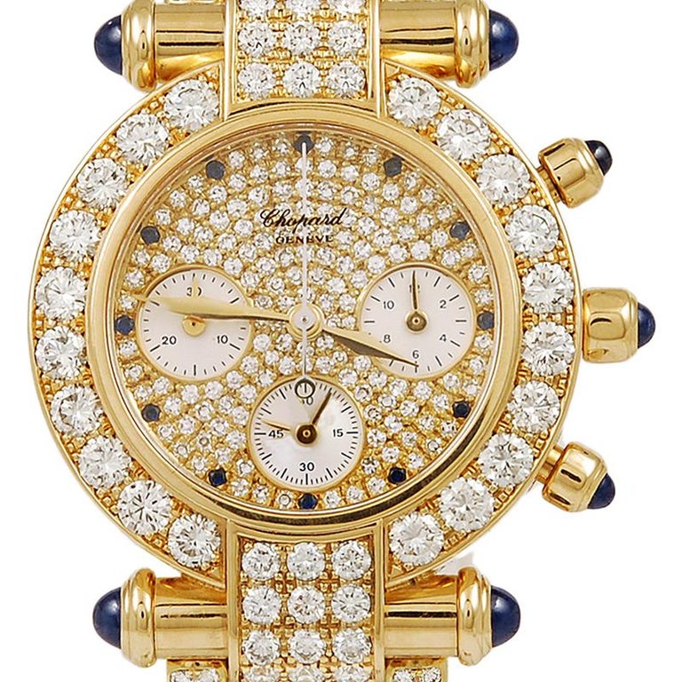 Chopard Ladies Diamond Sapphire Yellow Gold Imperiale Chronograph Wristwatch In Good Condition For Sale In New York, NY