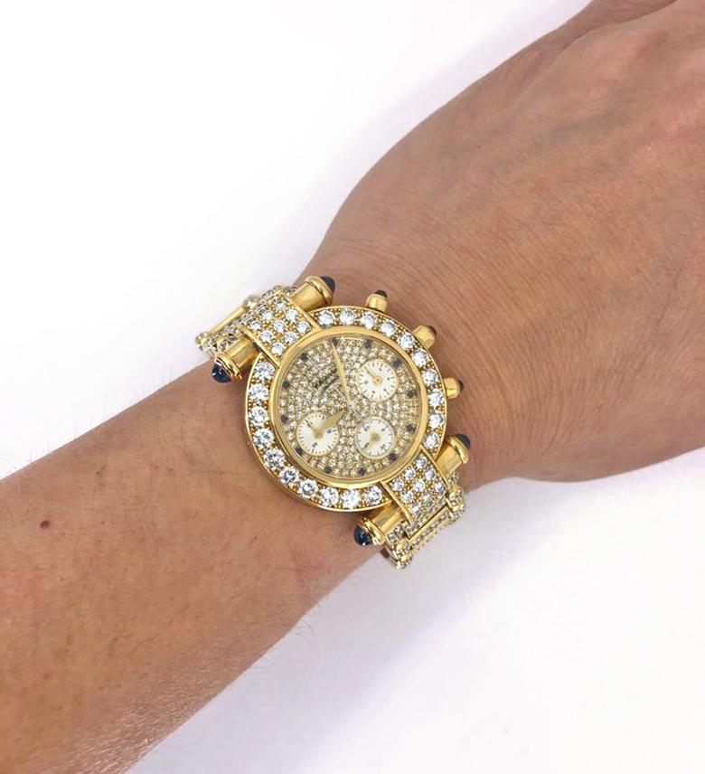Chopard Ladies Diamond Sapphire Yellow Gold Imperiale Chronograph Wristwatch In Good Condition For Sale In New York, NY