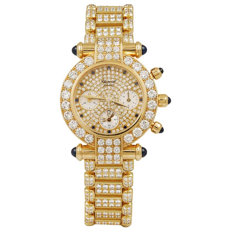 Chopard Ladies Diamond Sapphire Yellow Gold Imperiale Chronograph Wristwatch For Sale