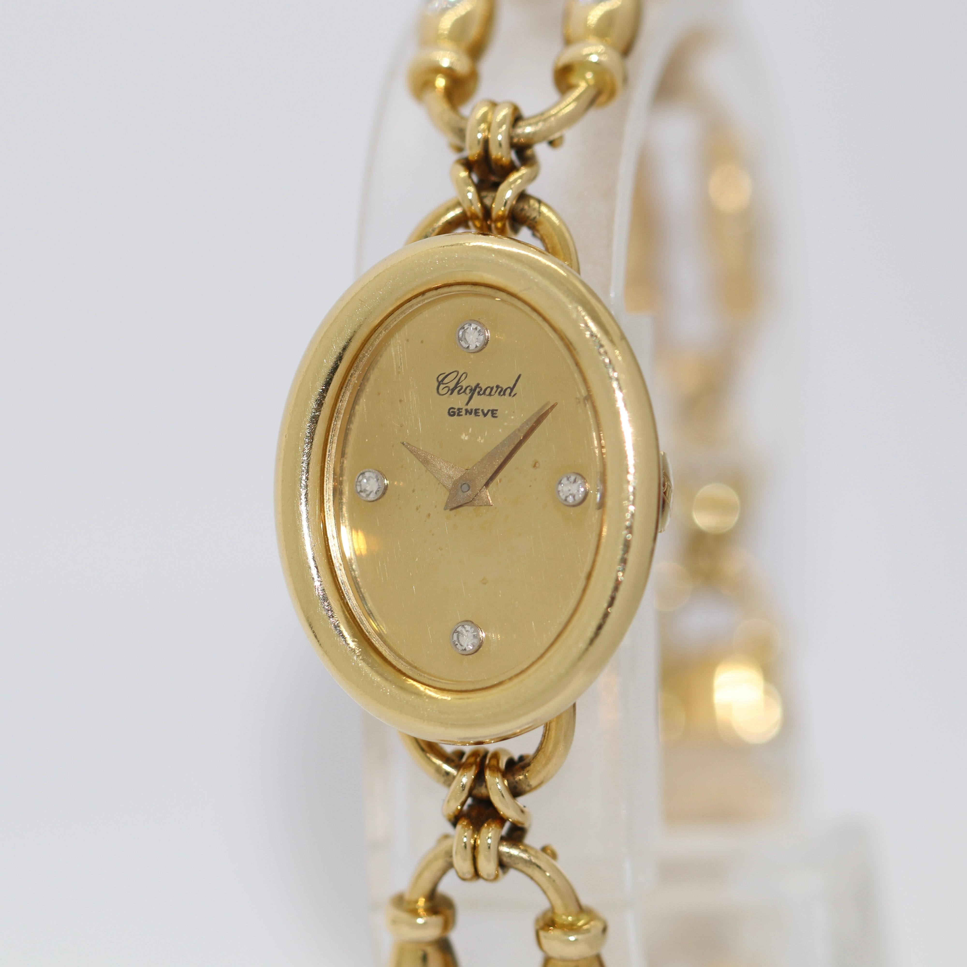 Chopard Ladies Wristwatch 18k Yellow Gold with Diamonds Ref. 5031-1

Beautiful dainty ladies wristwatch by Chopard made of 18 carat yellow gold with diamond dial and diamond set bracelet.

Movement: Manual winding. There are signs of use on the dial
