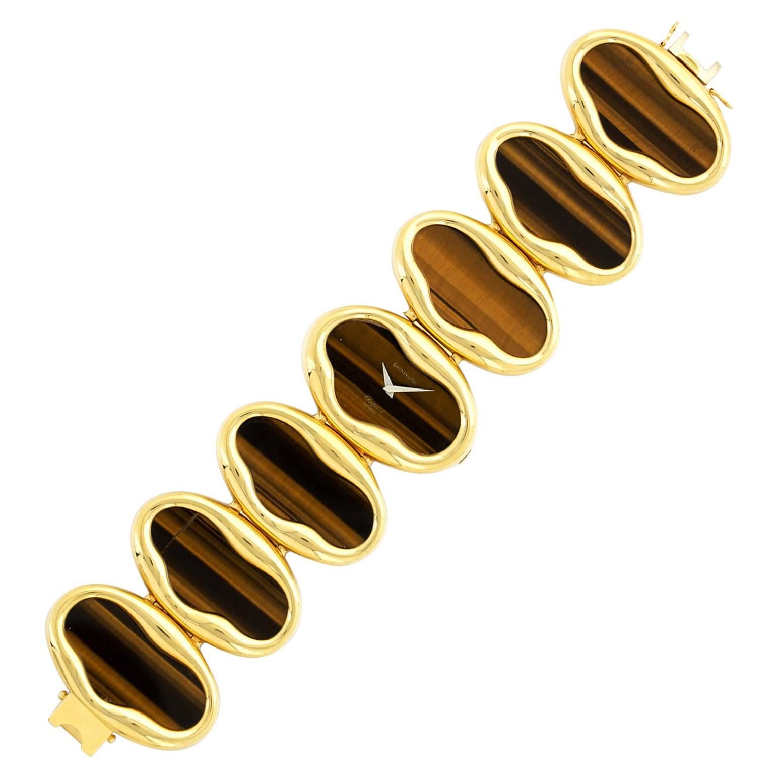 Chopard Ladies Yellow Gold Tiger's Eye Bracelet Wristwatch, Circa 1975 For Sale