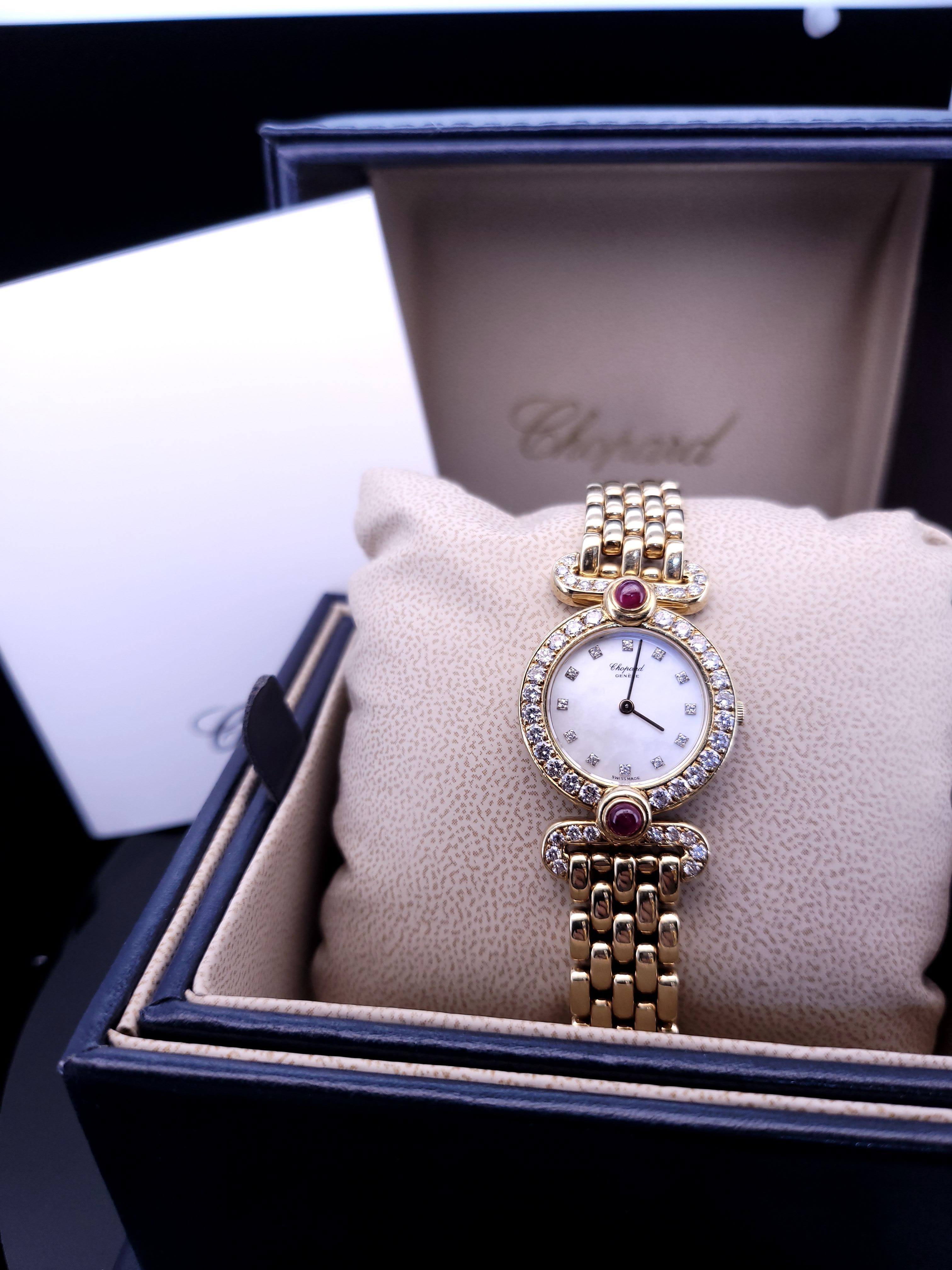 Chopard L'heure Du Diamant 18K yellow gold with diamond case Ruby stone Watch 

Model                           
L'heure Du Diamant
Reference Number
32696
Gender
Ladies
Metal
18k yellow Gold
Case Size
25.00mm 
Wrist Size
This watch will currently