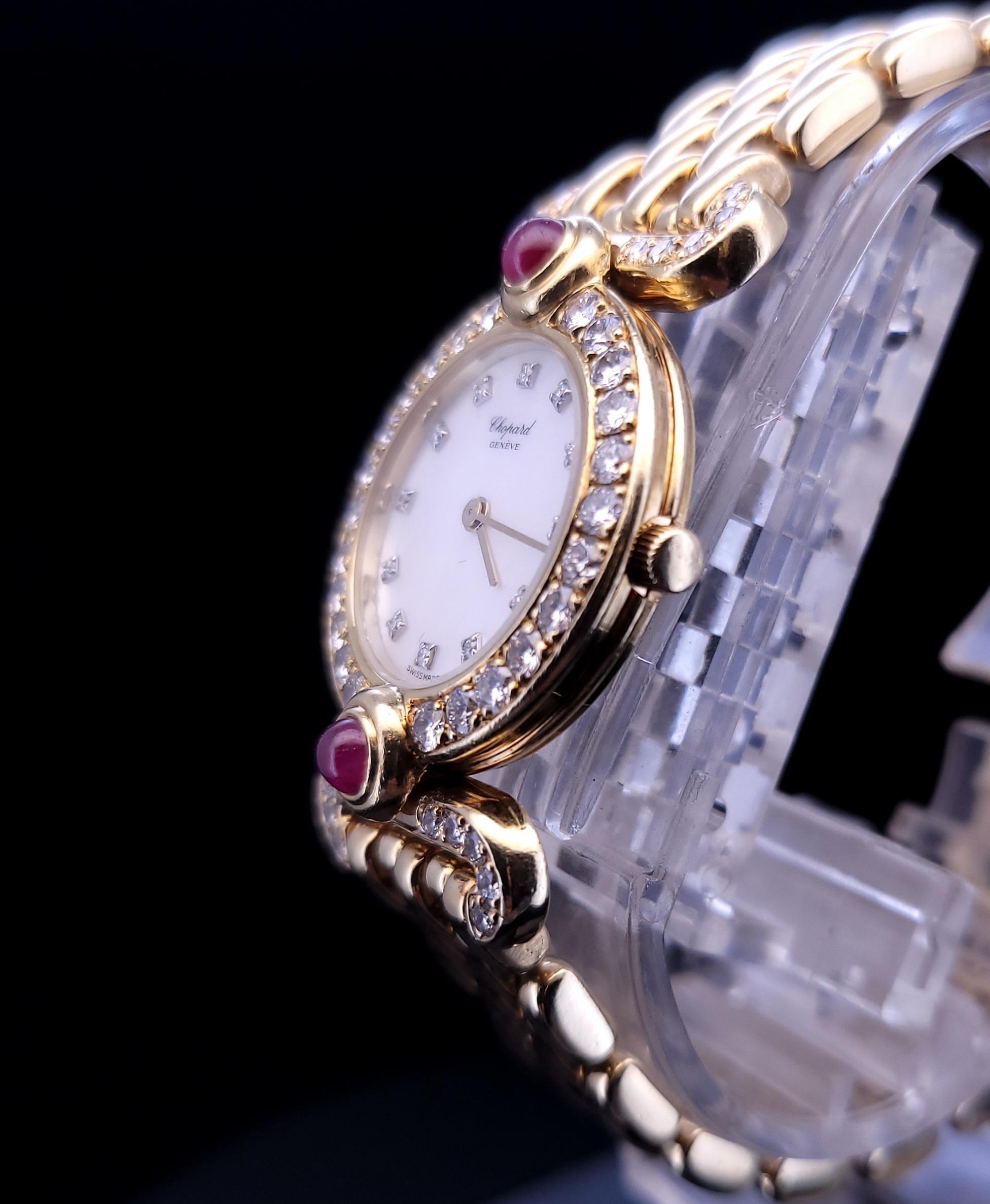 Chopard L'heure Du Diamant round 18K yellow gold diamond Ruby stone  Watch In Excellent Condition For Sale In New York, NY