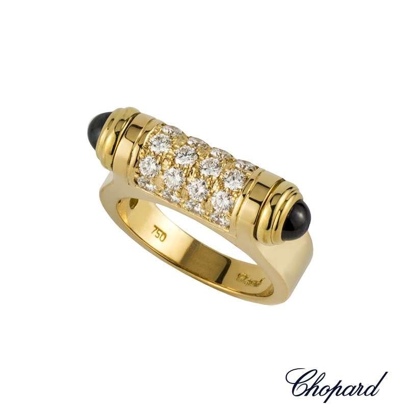 A stunning limited edition 18k yellow gold diamond set ring from the Chopard Imperiale collection. The ring features a bar motif, set to the centre with 4 rows of pave set round brilliant cut diamonds totalling 0.94ct, G+ colour and VS+ clarity.