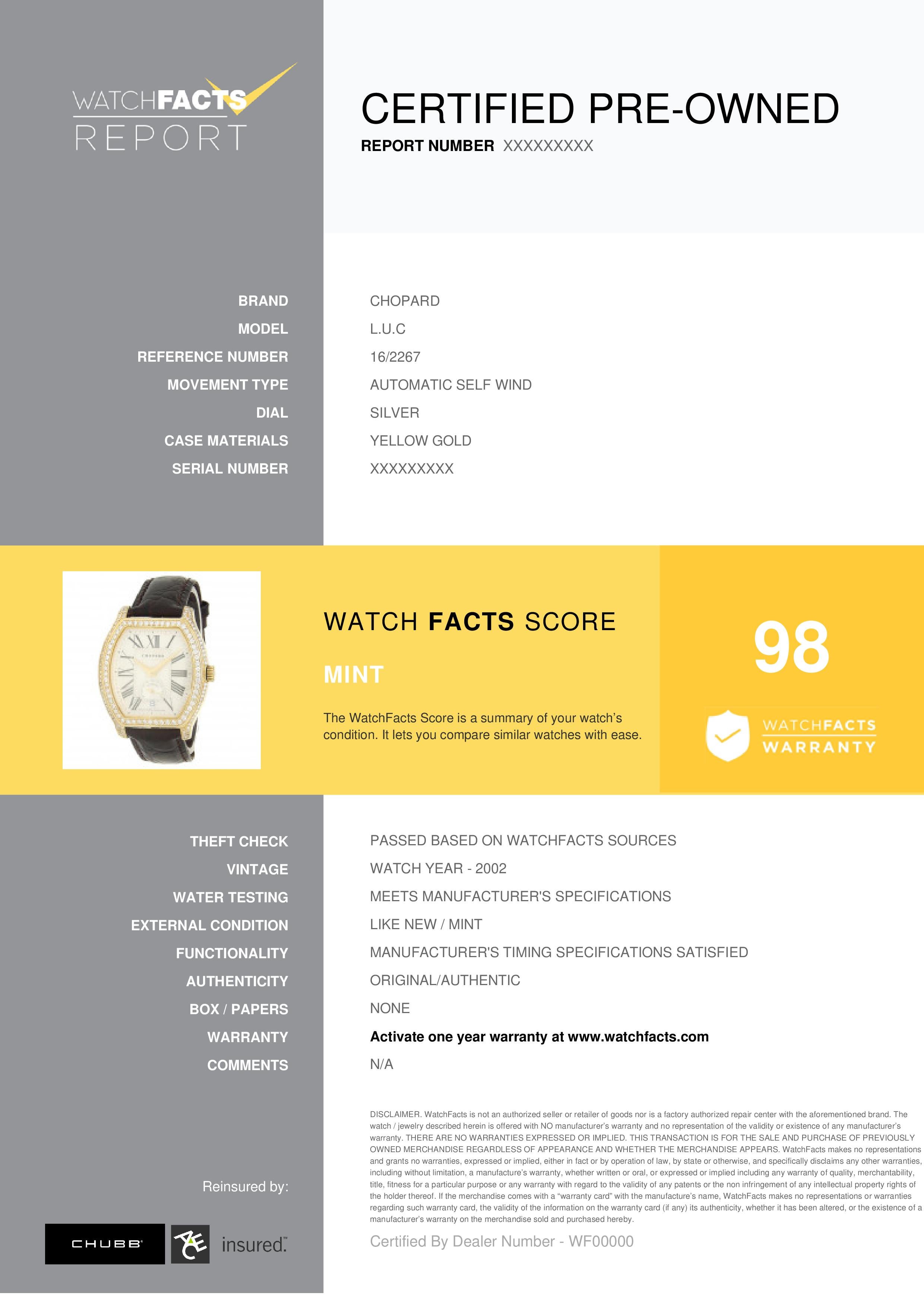 Chopard L.U.C Reference #: 16/2267 . Mens Automatic Self Wind Watch Yellow Gold Silver 40 MM. Verified and Certified by WatchFacts. 1 year warranty offered by WatchFacts.
