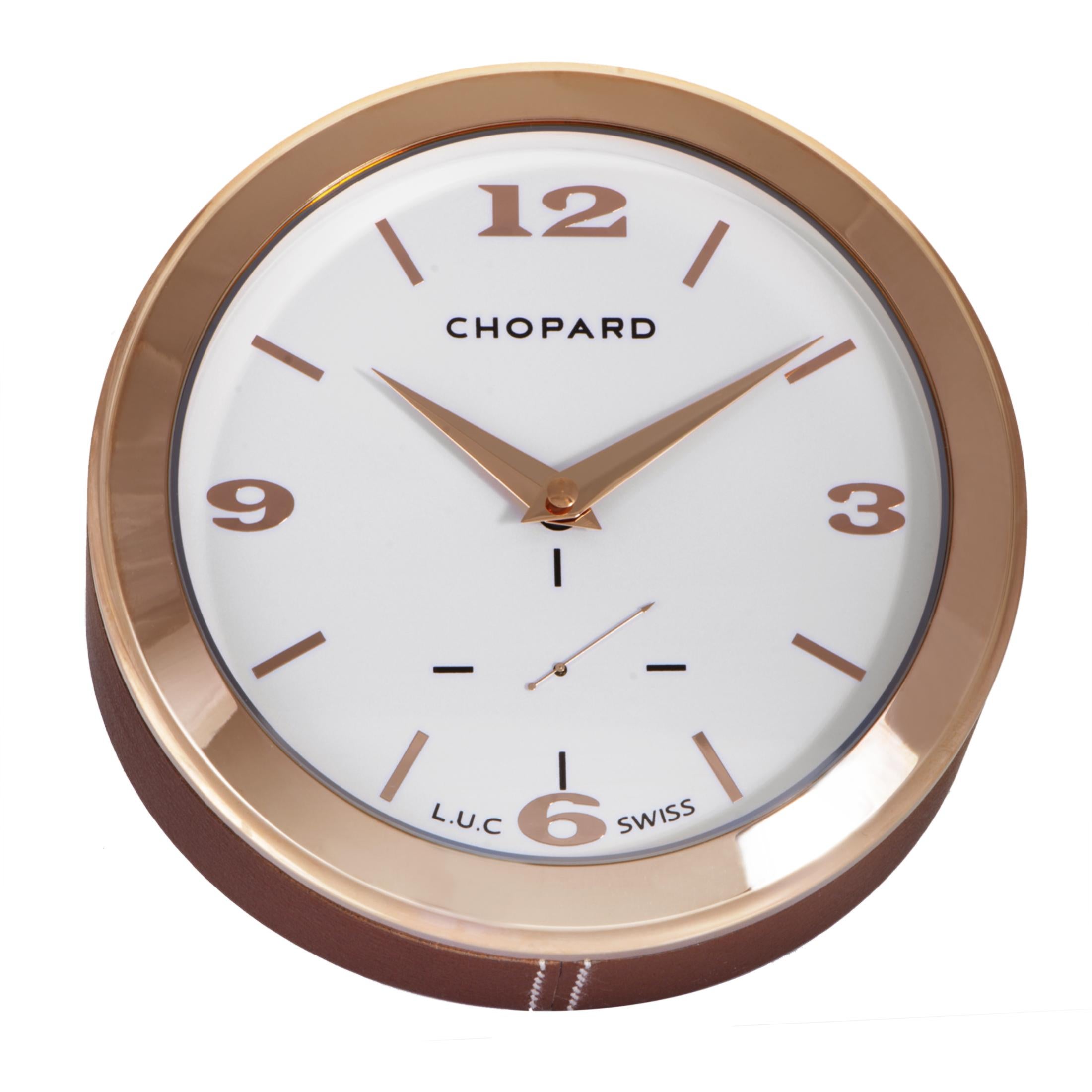 The timeless elegance and tasteful appearance of this exceptional table clock from Chopard are inspired by the brands  esteemed L.U.C. collection, presenting exceptional quality in a superbly designed and expertly crafted setting that combines a