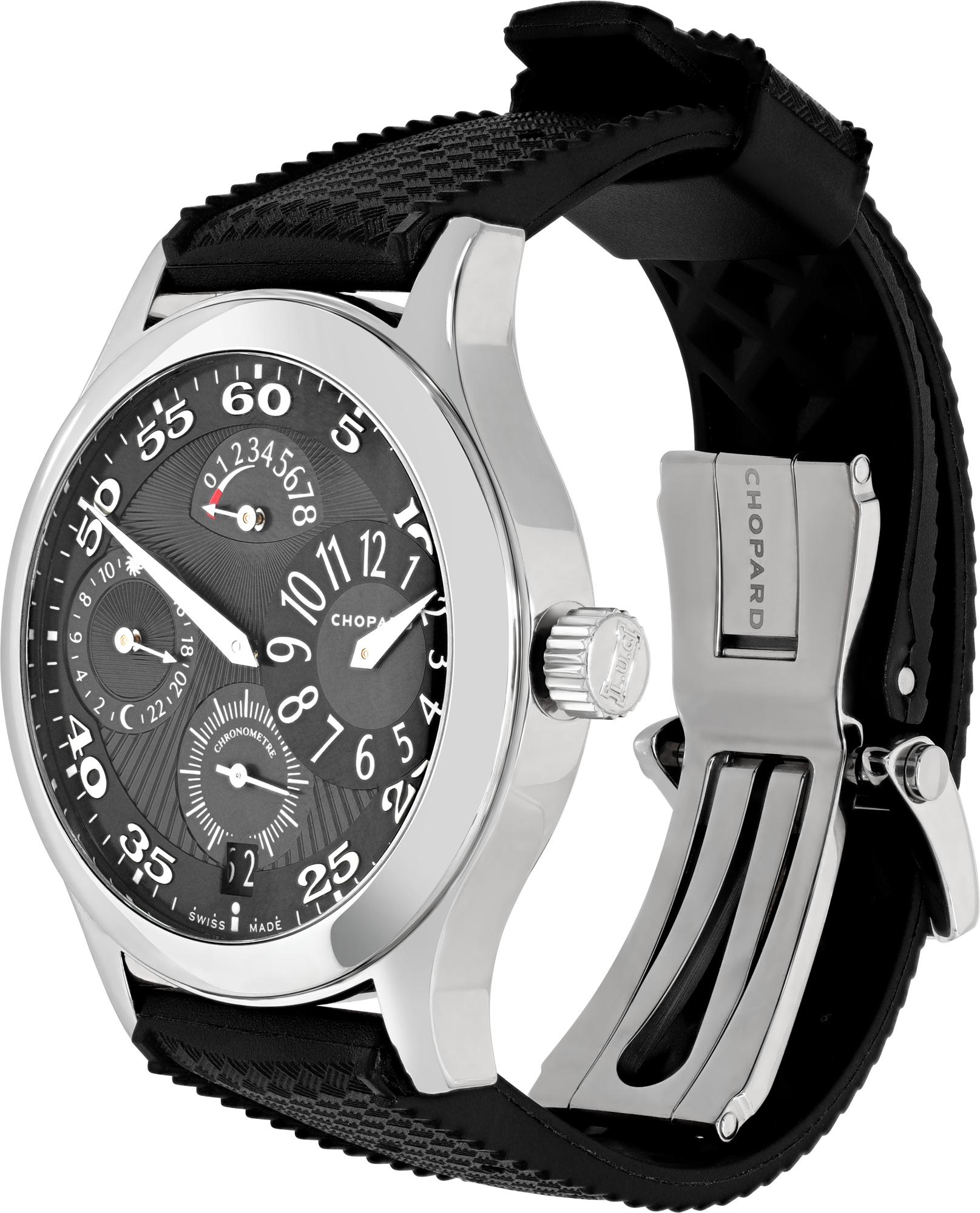 Chopard L.U.C. Tech Regulator in stainless steel. This is the highest-grade Chopard eight-day power reserve manual wind mechanical movement. 40 mm case size. Manual with date, sub-seconds. Limited edition only 250 made. With box, booklets, tags and