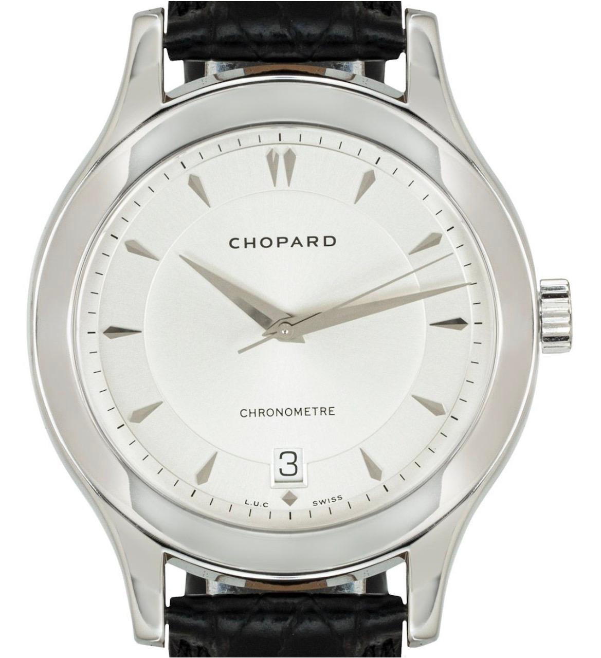 A white gold L.U.C wristwatch by Chopard. Features a silver dial with applied hour markers, a date aperture and a white gold bezel. Fitted with sapphire glass, a self-winding automatic movement which can be seen via the exhibition case back and a