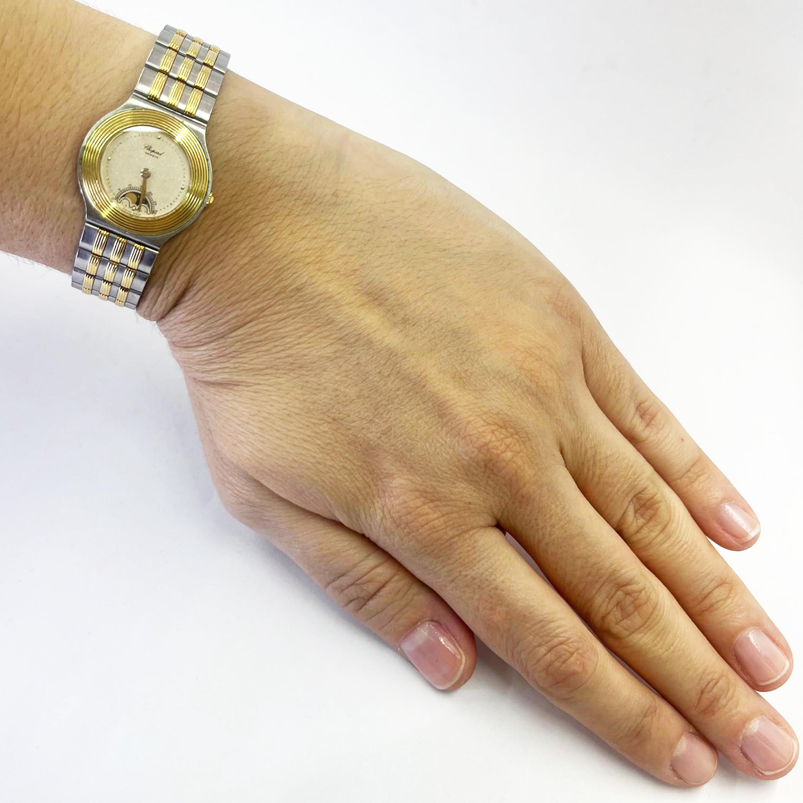Montre à quartz Chopard Luna D'Oro pour femme, 25 mm, en or jaune 18 carats et acier. Cadran argenté pailleté/étincelant avec phase de lune. Pile remplacée, garantie d'un an sur le chronométrage.