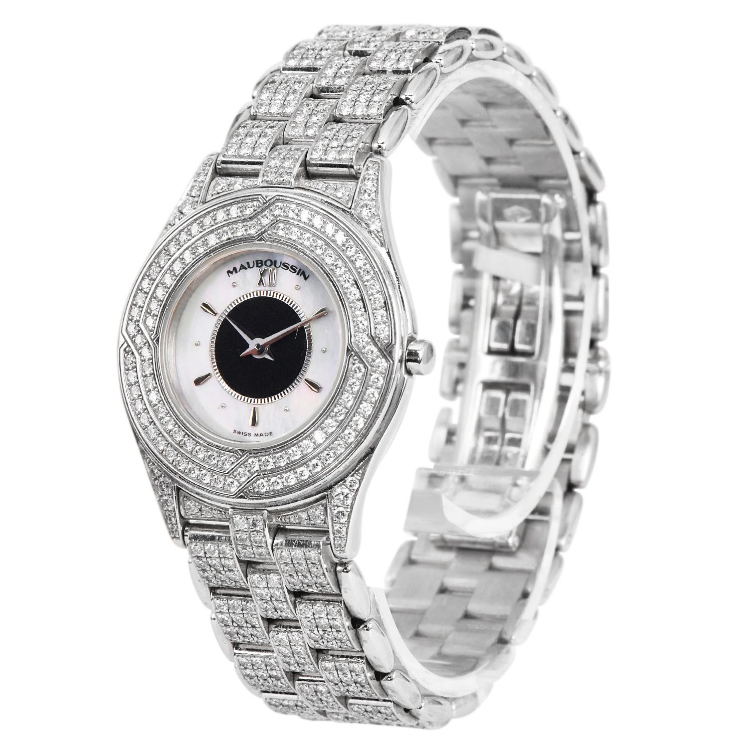 Round Cut Chopard Mauboussin Diamond Mother of Pearl 18K White Gold Wristwatch For Sale