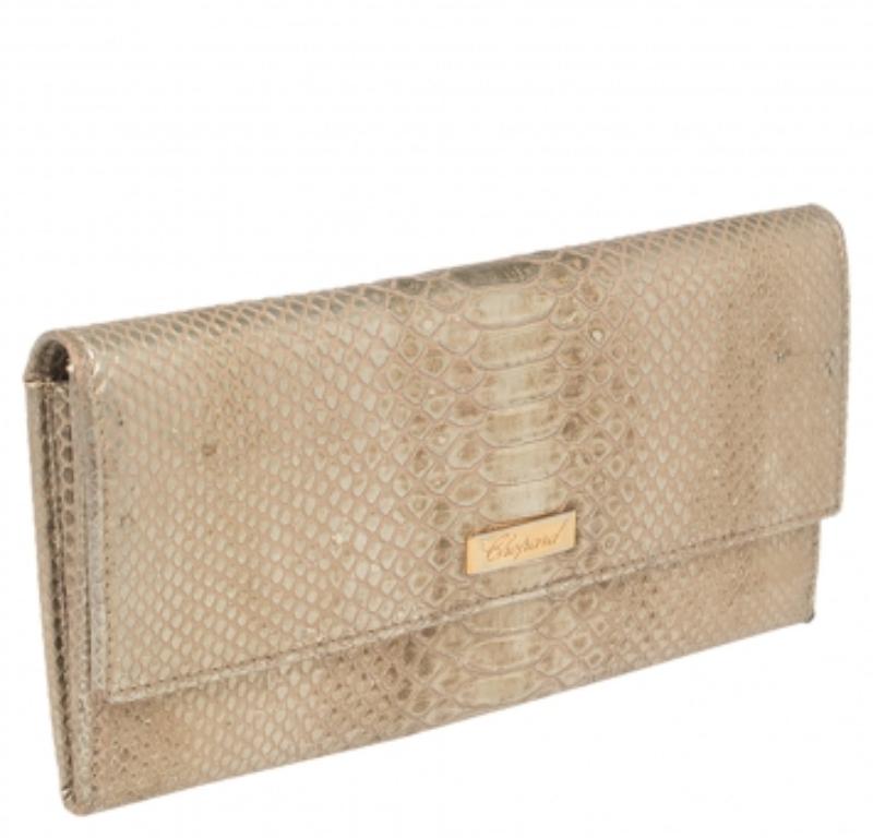 Chopard Metallic Gold Python Embossed Leather Continental Wallet For Sale 5
