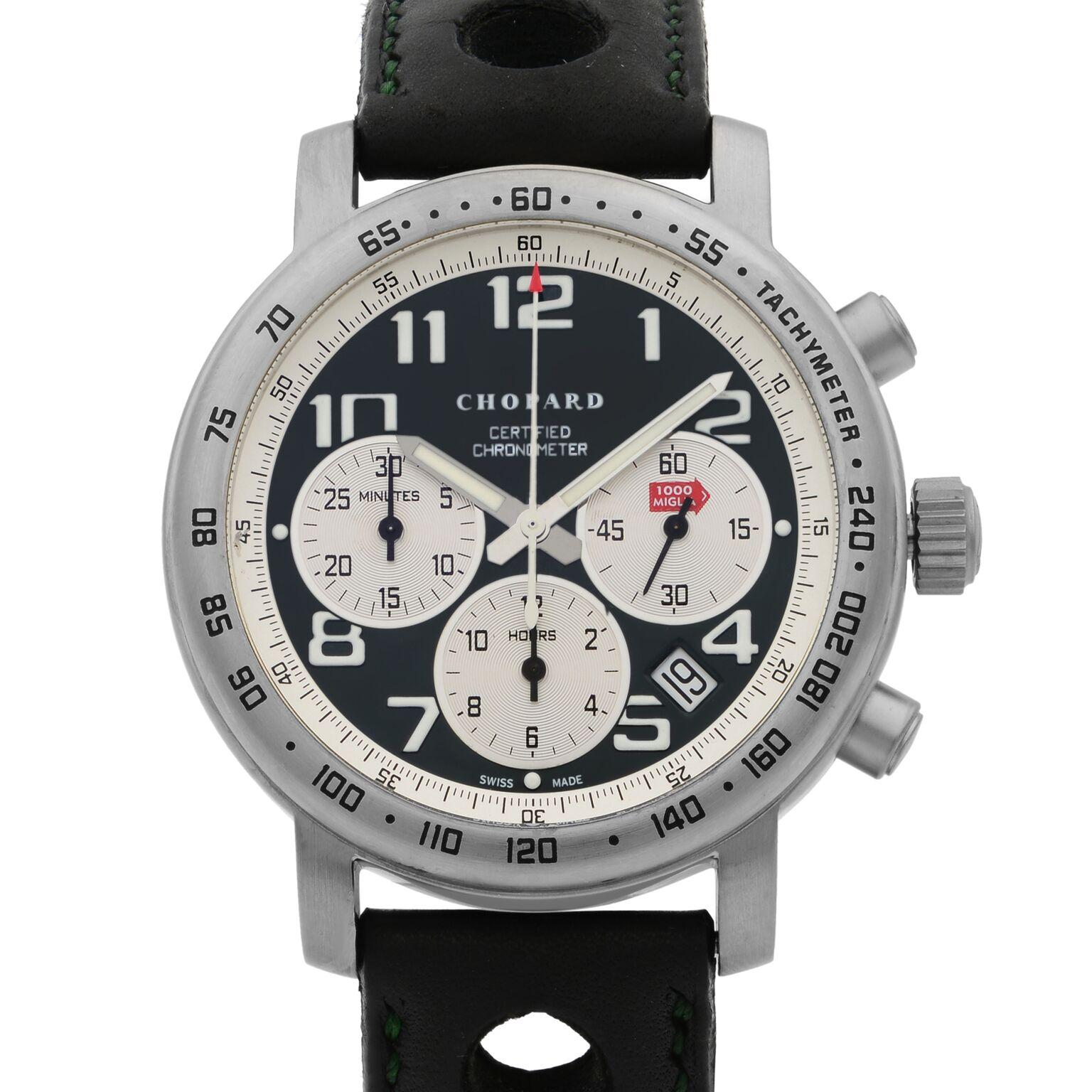This pre-owned Chopard Mile Miglia 16/8915-102 is a beautiful men's timepiece that is powered by mechanical (automatic) movement which is cased in a titanium case. It has a round shape face, chronograph, date indicator, small seconds subdial,