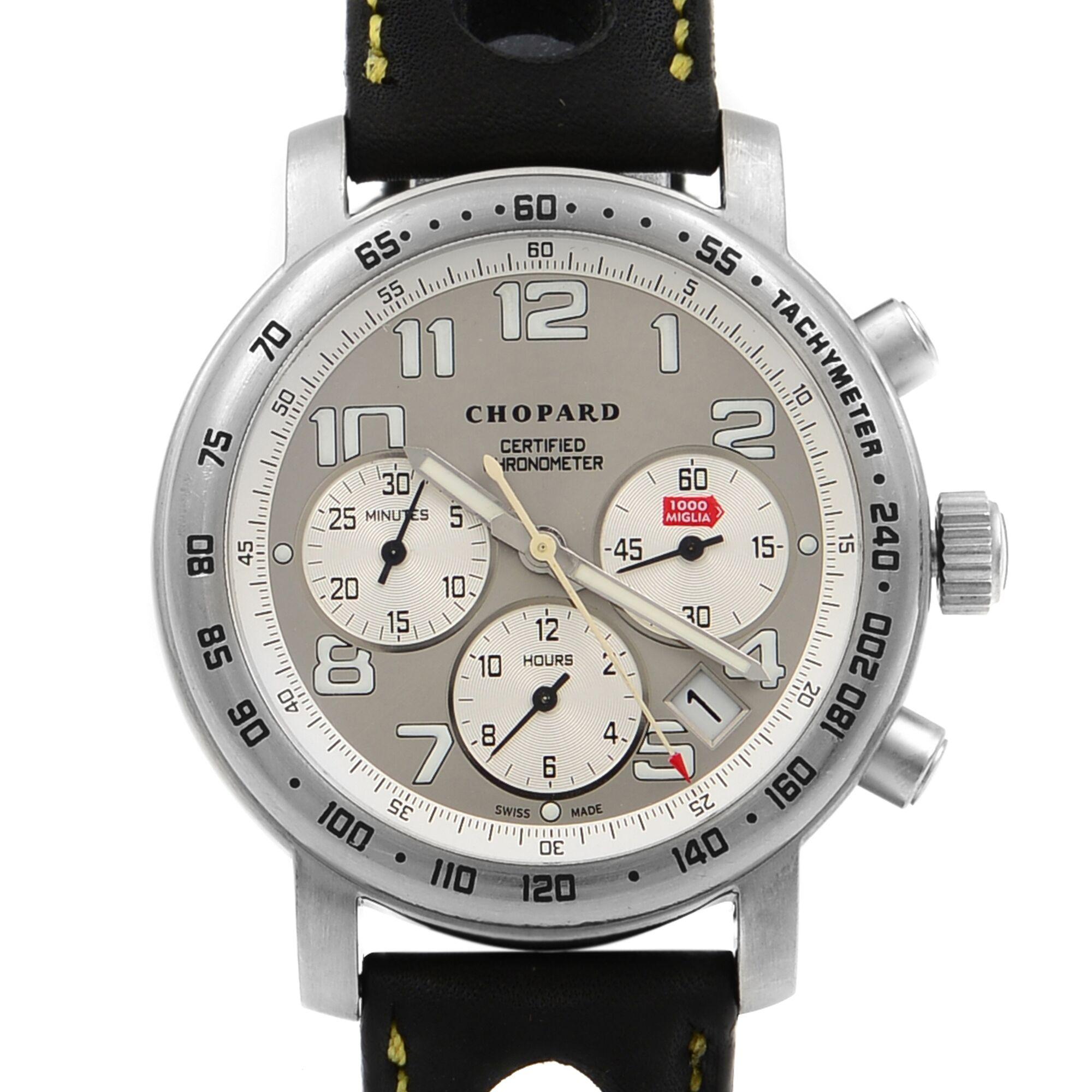 This Pre-Owned Fair Condition Chopard 16/8915-100 is a beautiful men's timepiece that is powered by mechanical (automatic) movement which is cased in a titanium case. It has a round shape face, gmt, chronograph, chronograph hand, date indicator,