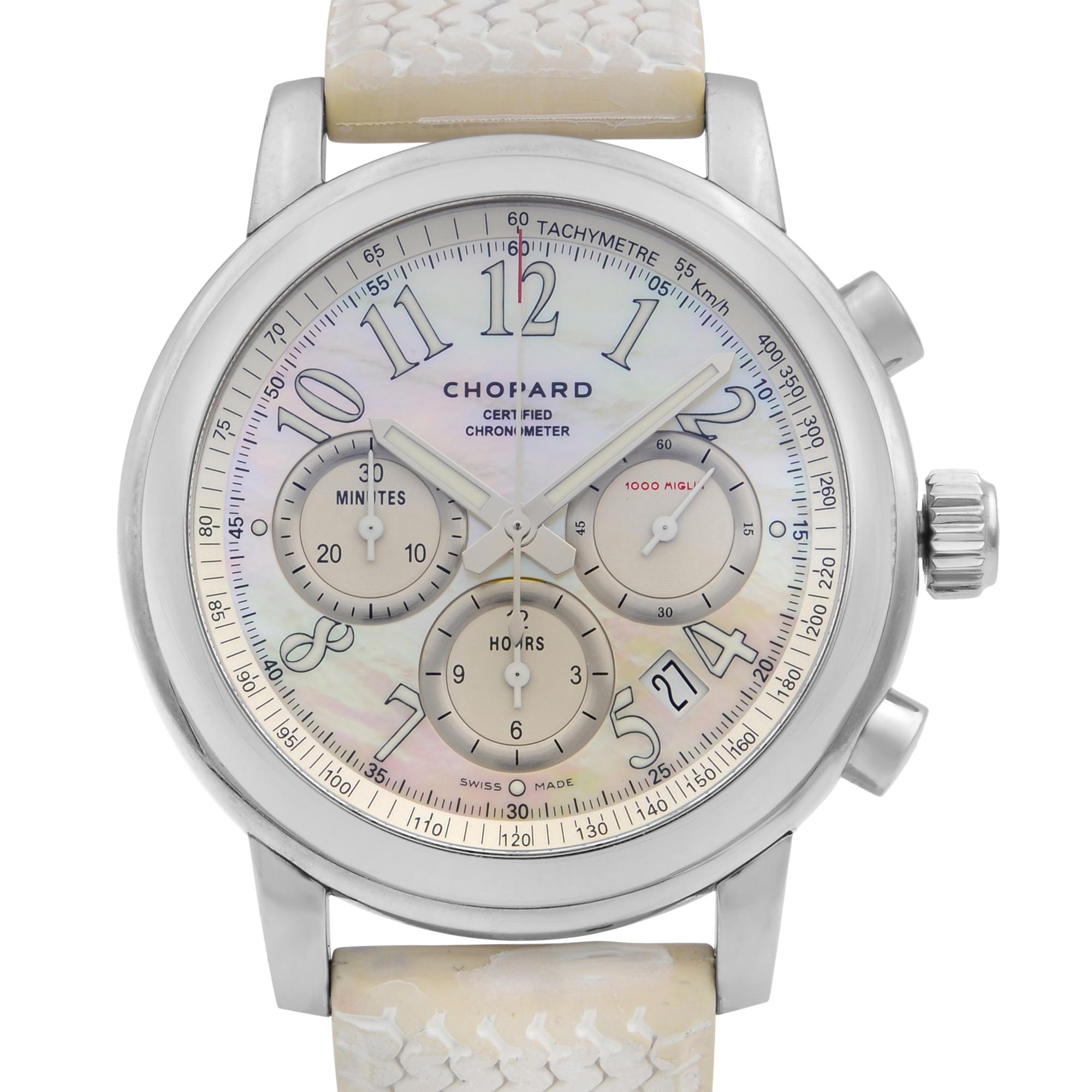 This pre-owned Chopard  168511-3018 is a beautiful Ladie's timepiece that is powered by mechanical (hand-winding) movement which is cased in a stainless steel case. It has a round shape face, chronograph, chronograph hand, date indicator, small