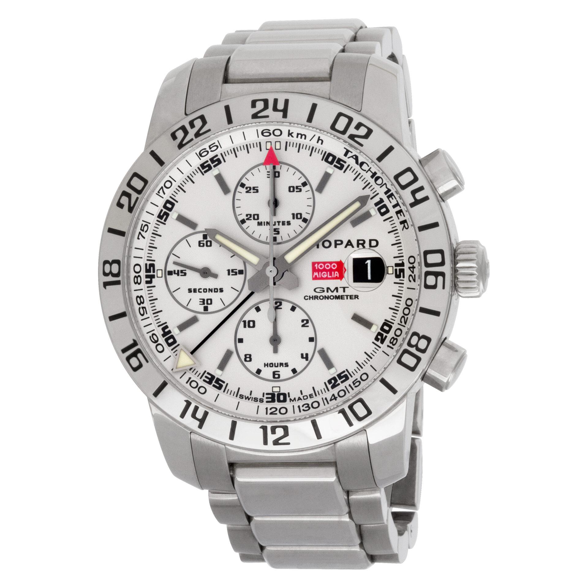 Chopard Mille Miglia GMT Chronograph in stainless steel. Auto w/ subseconds, date, chronograph and dual time. 42 mm case size. With box. Ref 8992. Circa 2010s. Fine Pre-owned Chopard Watch. Certified preowned Sport Chopard Mille Miglia 8992 watch is