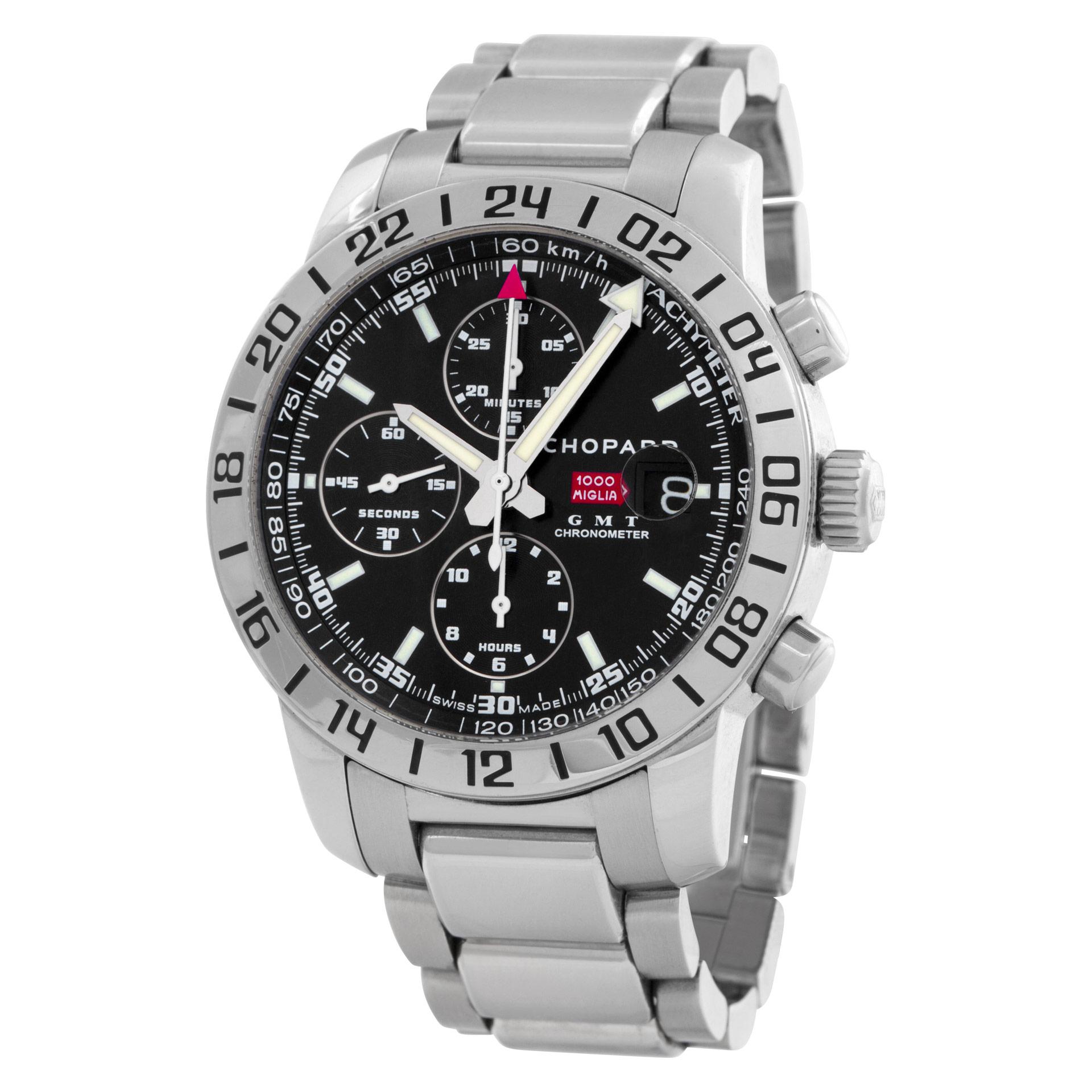 Chopard Mille Miglia GMT Chronograph in stainless steel. Auto w/ subseconds, date, chronograph and dual time. 42 mm case size. Ref 158992-3001. Circa 2010's. Fine Pre-owned Chopard Watch.   Certified preowned Sport Chopard Mille Miglia 158992-3001