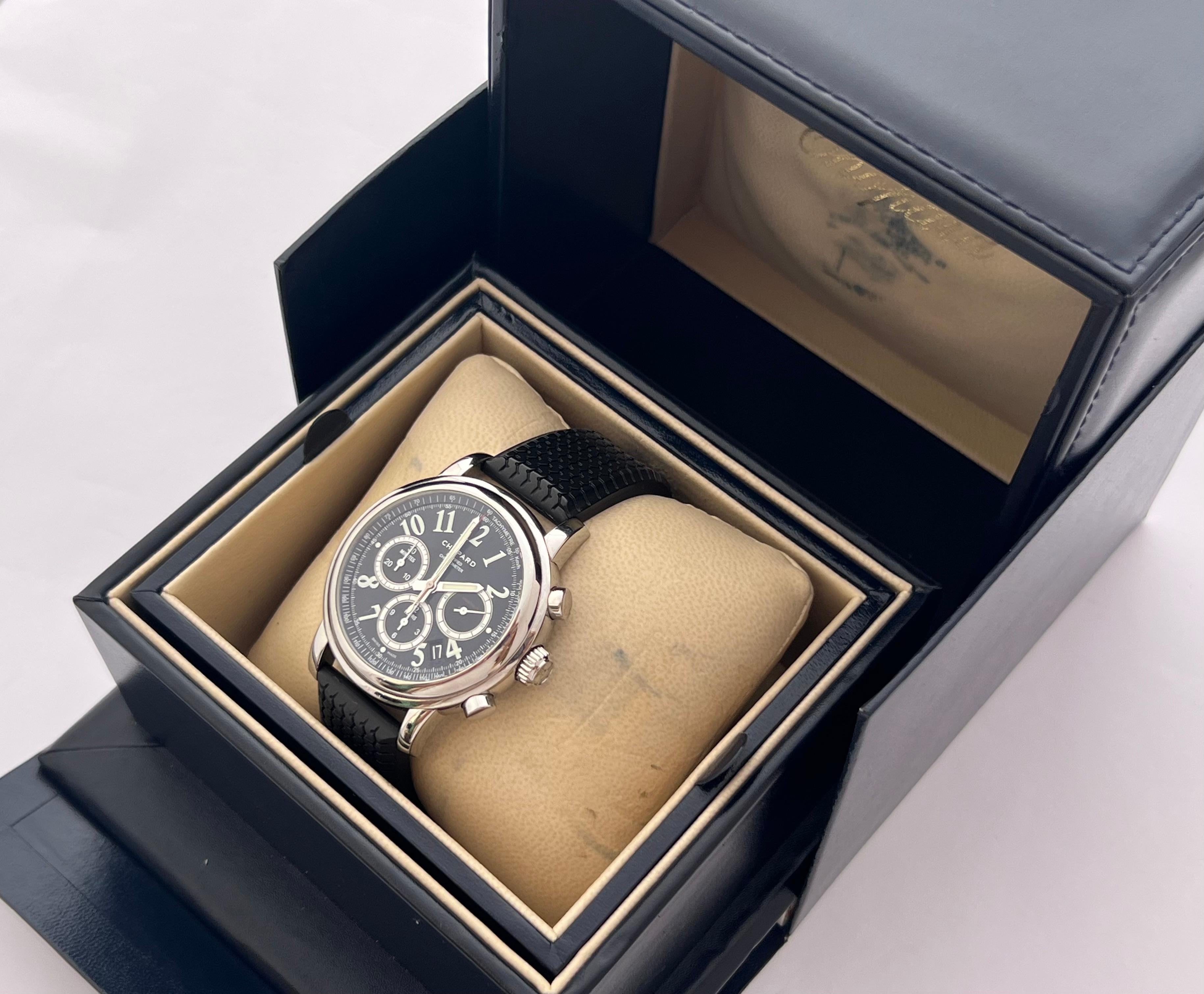 Brand : Chopard

Model: Mille Miglia

Reference Number : 8511 

Features : Sapphire crystal . Water resistant: 50 m . Chronograph.

Country Of Manufacture: Switzerland

Movement: Automatic

Case Material: SS

Measurements : 42mm diameter (excluding