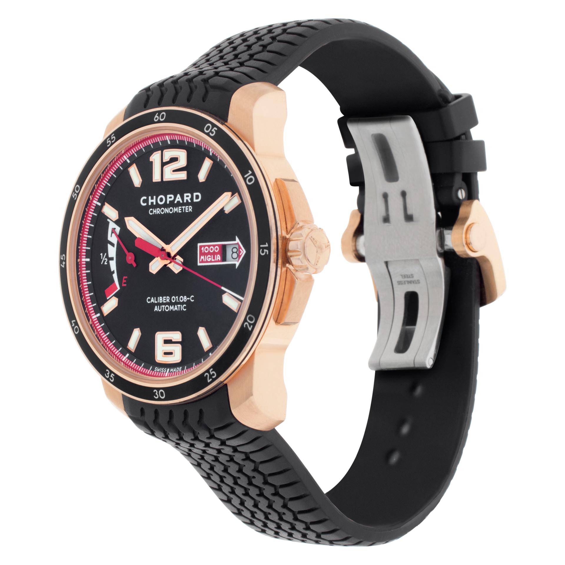 Chopard Mille Miglia GTS Power Control 'Brescia Roma' in 18k rose gold on a rubber strap with Chopard 18k rose gold & stainless steel deployant buckle. Auto movement under glass w/ sweep seconds, date and power reserve. 43 mm case size. Ref 161296.