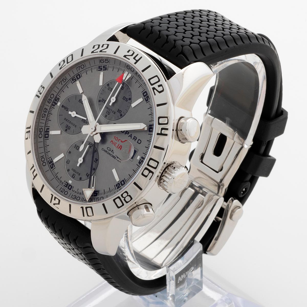 Women's or Men's Chopard Mille Miglia Chronograph GMT Wristwatch Ref 168992. Grey Rhodium Dial. For Sale