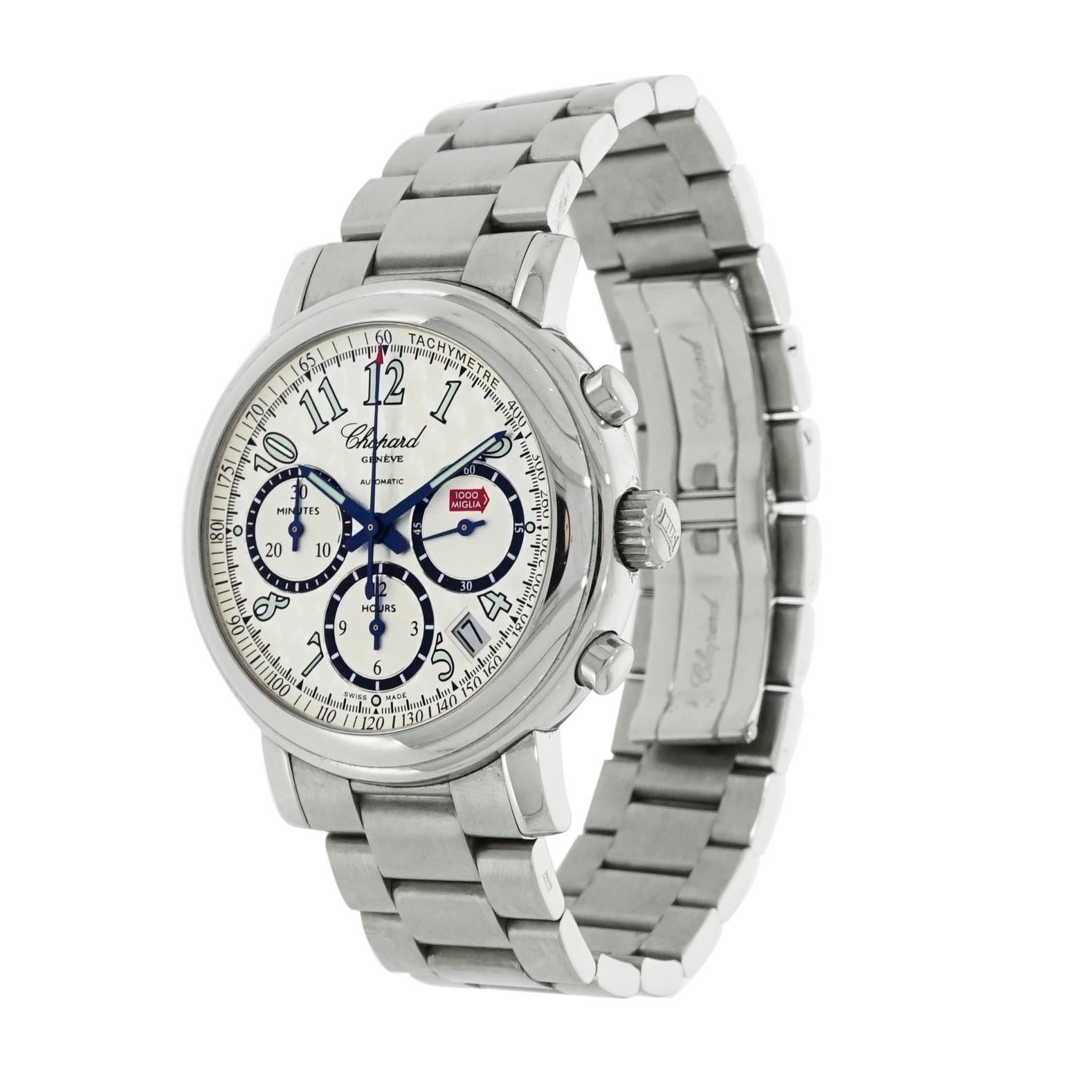 Pre-owned in very good condition Chopard Mille Miglia chronograph in stainless steel 39 mm case, automatic self-winding movement, 37 jewels, beating at 28,800 vph, 40 hours of power reserve, silver grey engined turned dial with luminous  Arabic