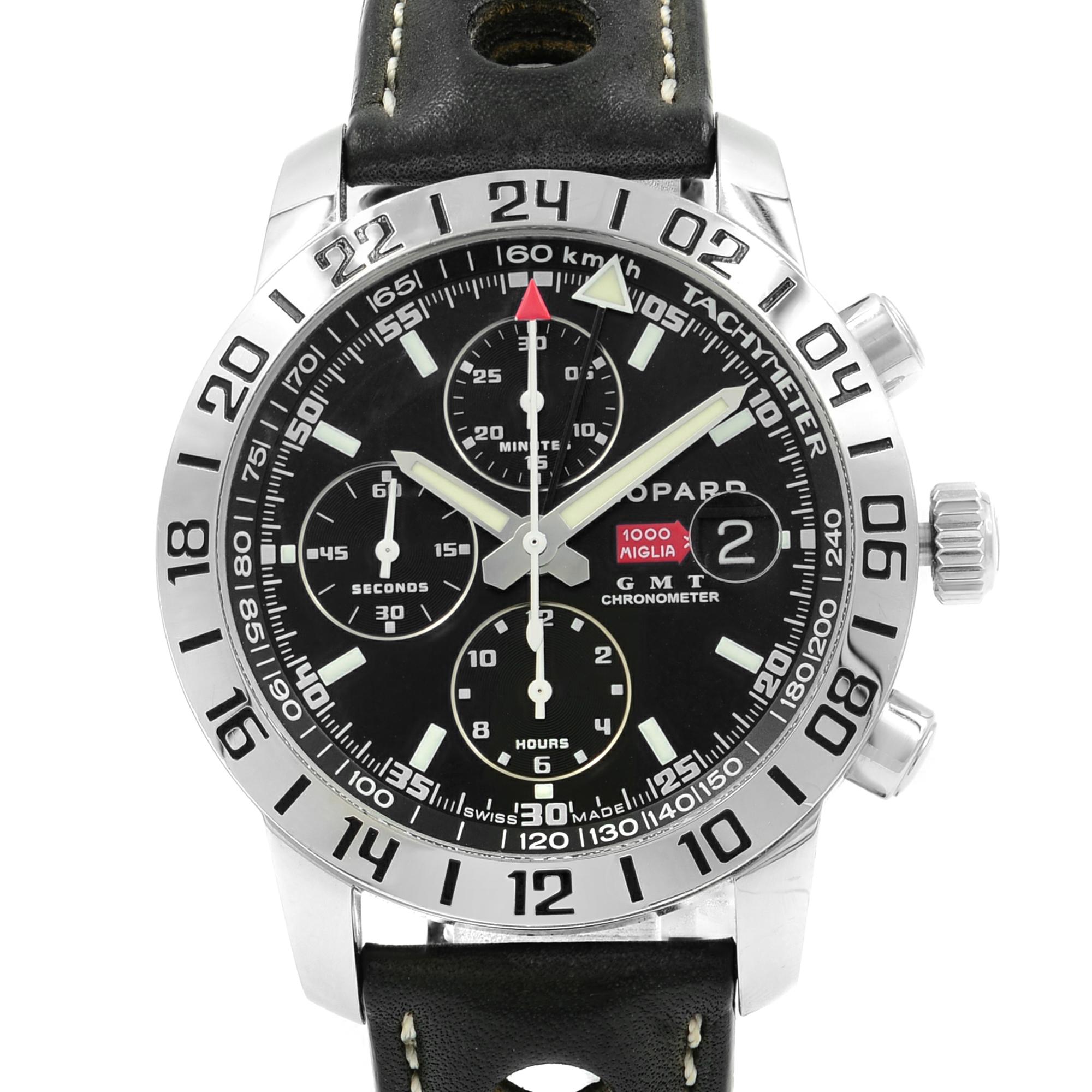 This pre-owned Chopard Mille Miglia 168992-3001 is a beautiful men's timepiece that is powered by an automatic movement which is cased in a stainless steel case. It has a round shape face, chronograph, chronograph hand, date, dual time, small