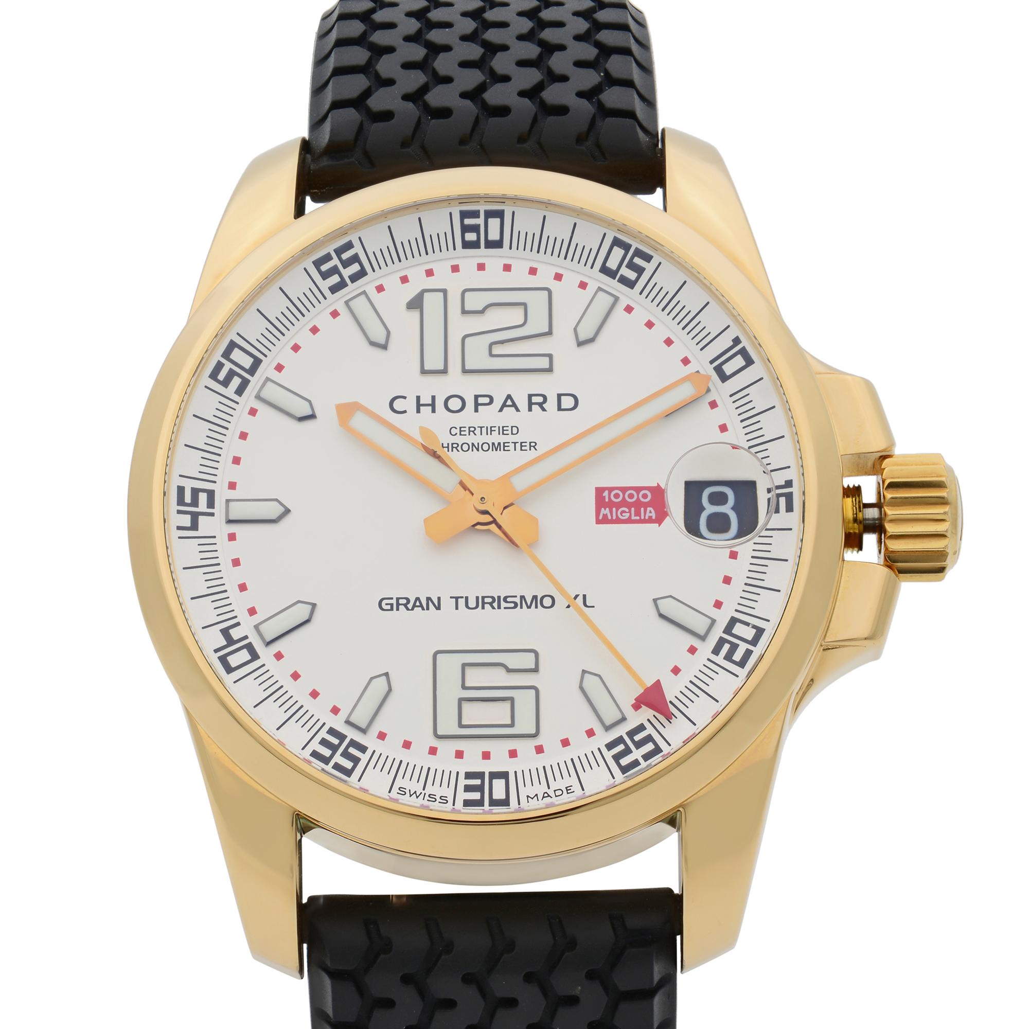 This pre-owned Chopard Mille Miglia 16/1266 is a beautiful men's timepiece that is powered by mechanical (automatic) movement which is cased in a sapphire case. It has a round shape face, date indicator dial and has hand sticks & numerals style