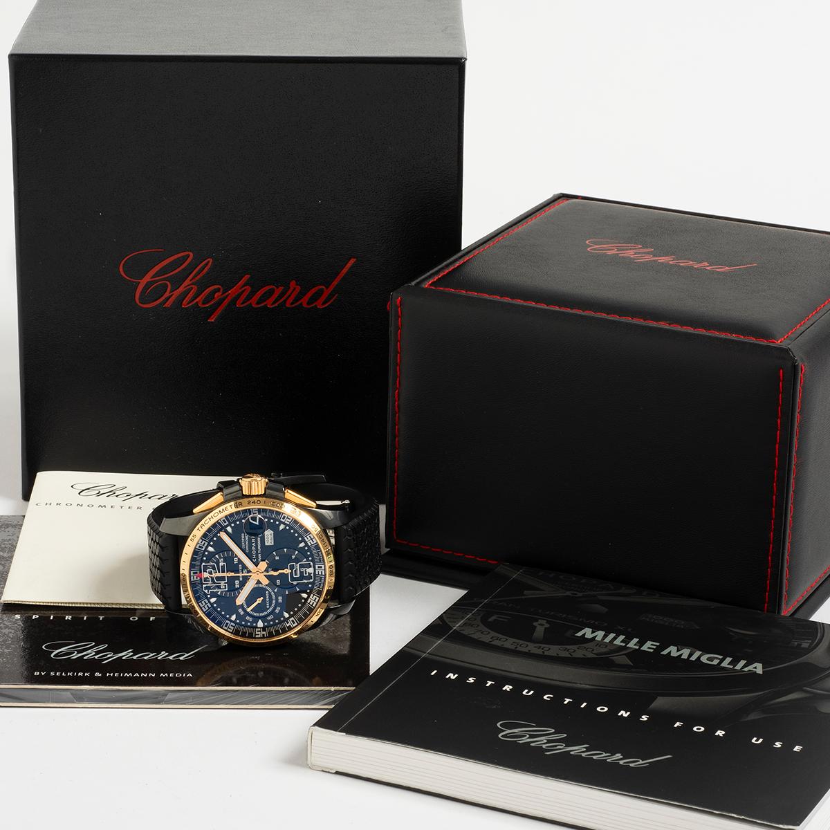 Our limited edition Chopard Mille Miglia Gran Turismo XL chronograph Speed Black reference 168459-6001 is one of 500 examples. Featuring a prominent and attractive 44mm case of DLC (blackened) steel and rose gold with black dial with silver indices,