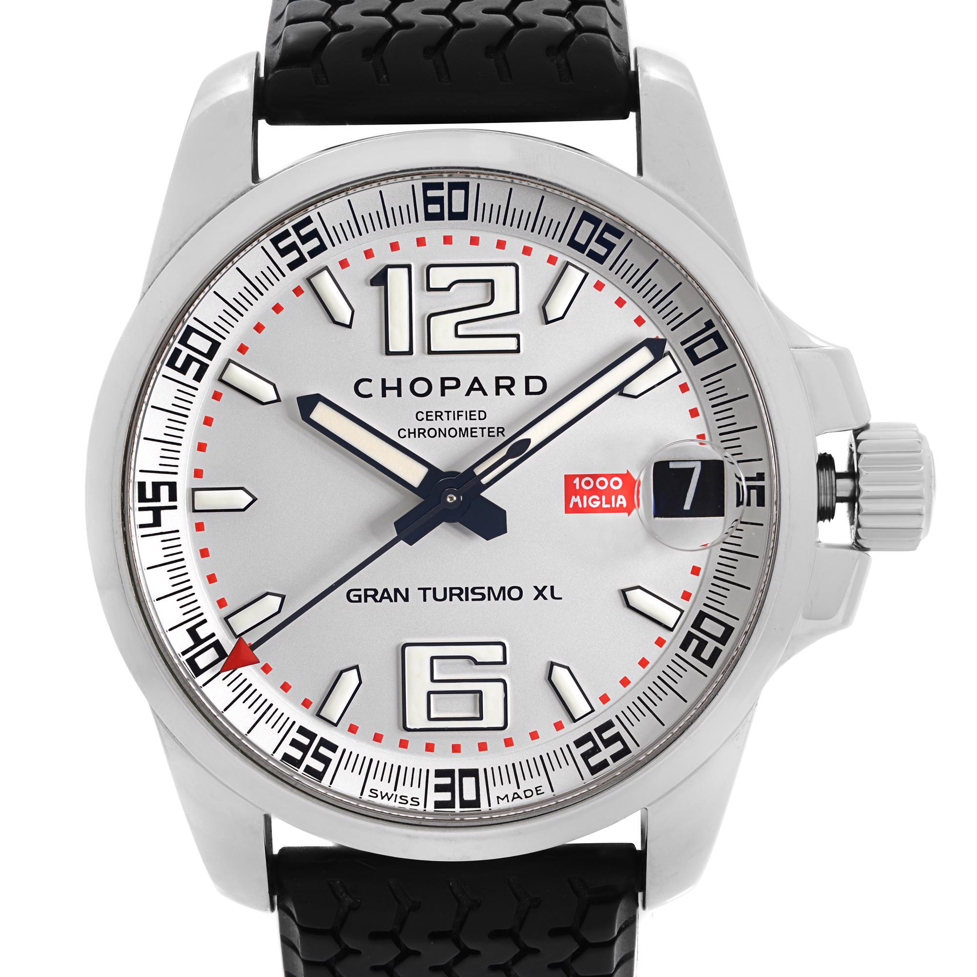 Pre-owned Chopard Mille Miglia GT XL 44mm Steel Silver Dial Automatic Men's Watch 16/8458. The loop holder on the band is broken. This Beautiful Timepiece is Powered by Mechanical (Automatic) Movement And Features: Stainless Steel Case and Black