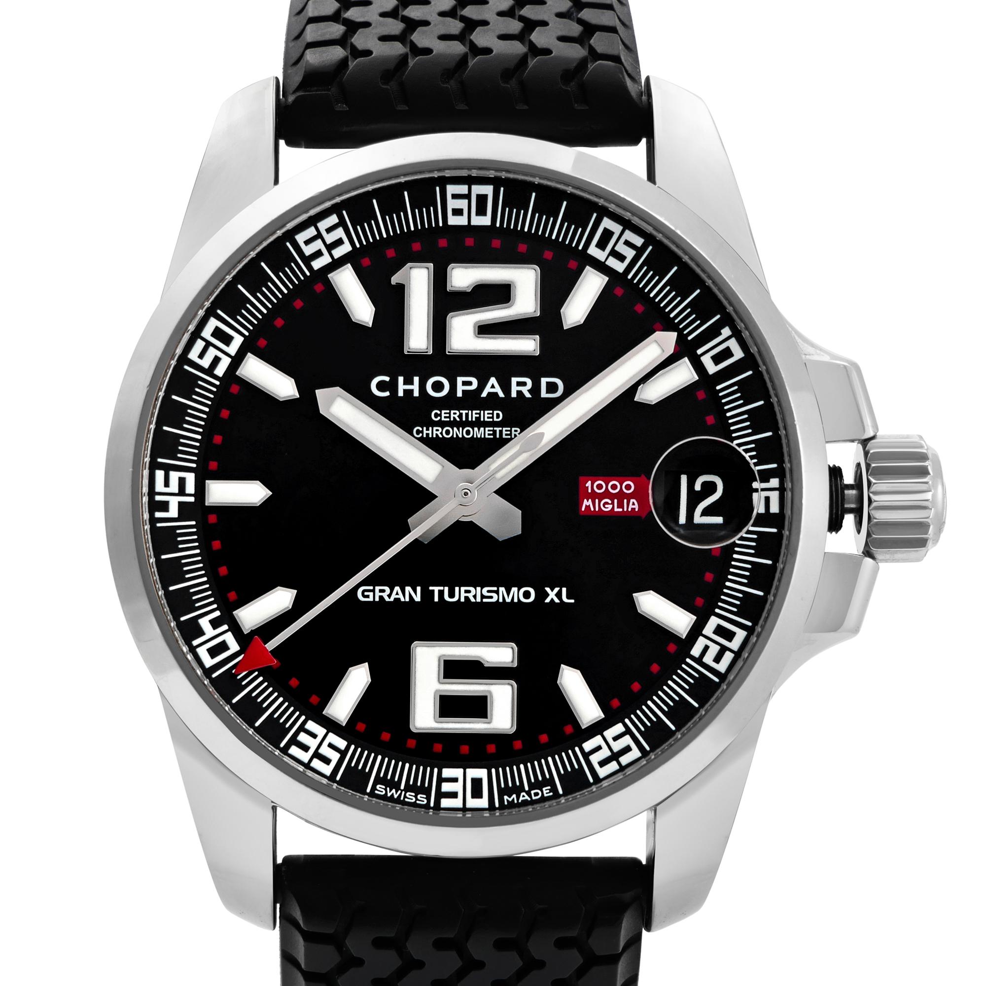 Pre Owned Chopard Mille Miglia GT XL Steel Black Dial Automatic Men's Watch 16/8997. This Beautiful Timepiece is Powered by Mechanical (Automatic) Movement And Features: Round Stainless Steel Case with a Black Rubber Strap, Fixed Stainless Steel