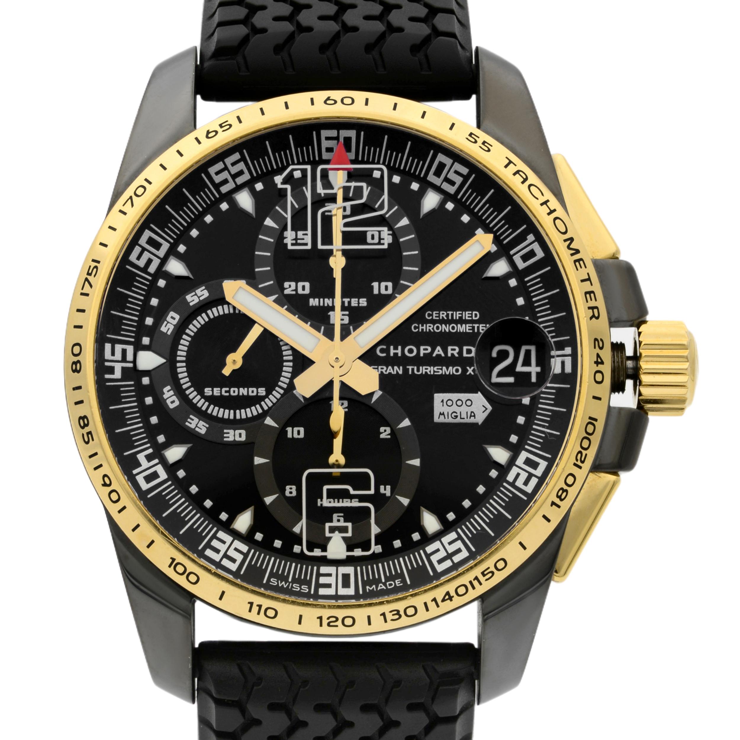 Diese gebrauchte Chopard Mille Miglia 16/8459-6001 ist eine schöne Herrenuhr:: die von einem mechanischen (automatischen) Uhrwerk angetrieben wird:: das in einem Edelstahlgehäuse untergebracht ist. Sie hat ein rundes Zifferblatt:: einen