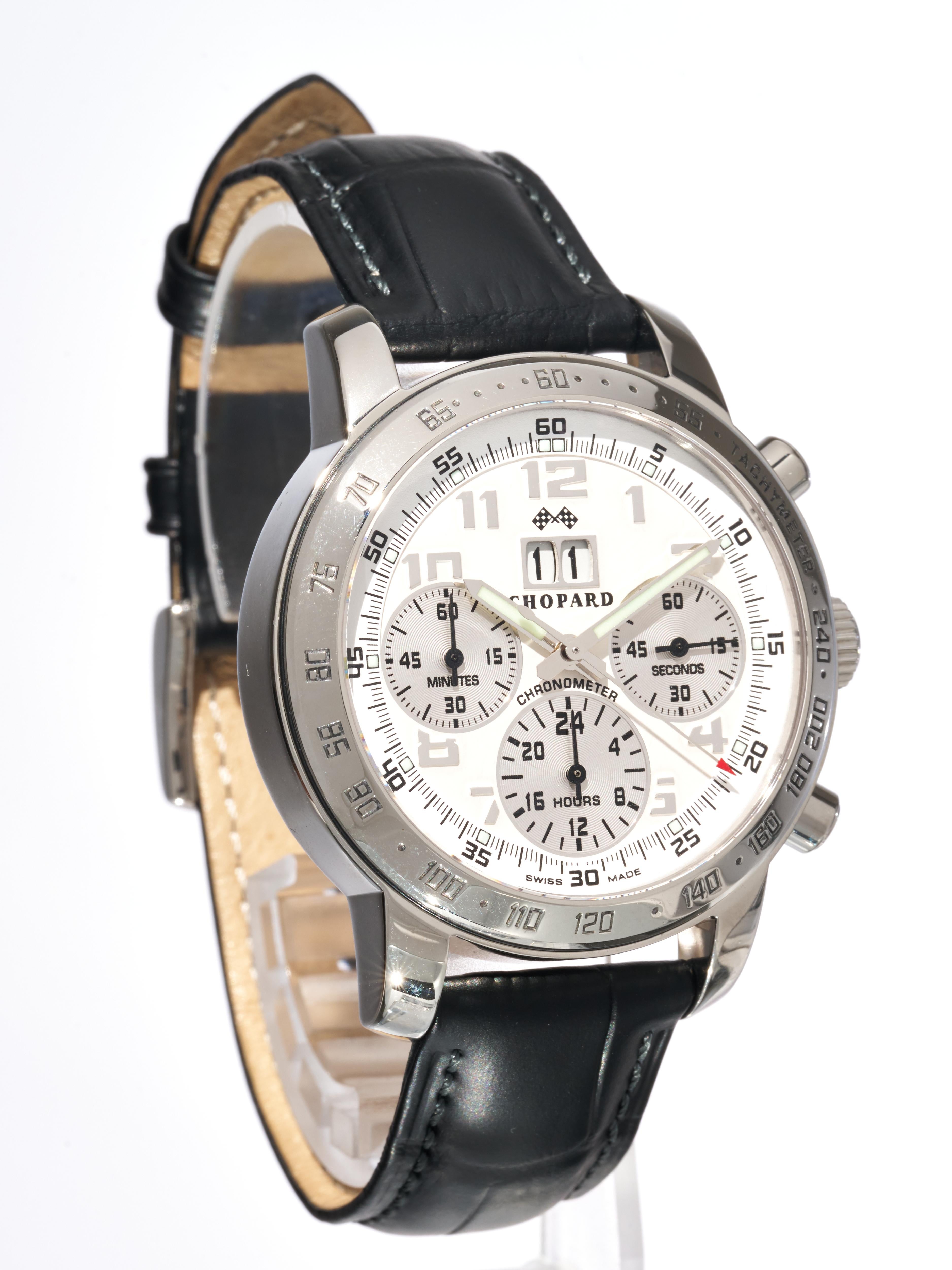 Fork In Time is proud to offer on the 1st Dibs marketplace:

Chopard 
Mille Miglia
Jackie Ickx Edition 3
24 Hour Chronograph 
Stainless Steel watch
White Dial with Silver Numerals and Guilloched subdials

Ref 168934-3001

Circa 2005

The watch model