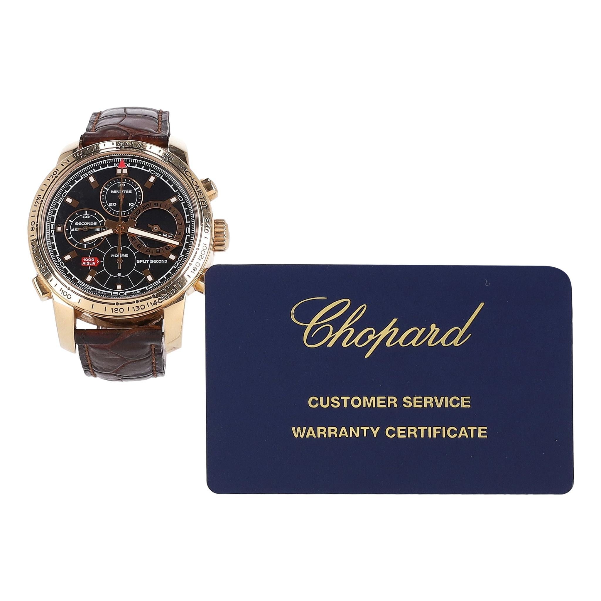 Chopard Mille Miglia Ltd Edition Chronograph Automatic Watch  In 18K Rose Gold 

Ltd edition with this being no 239 of 250.

From the The Chopard Mille Miglia collection is this limited edition watch designed with 18K rose gold case with tachymeter
