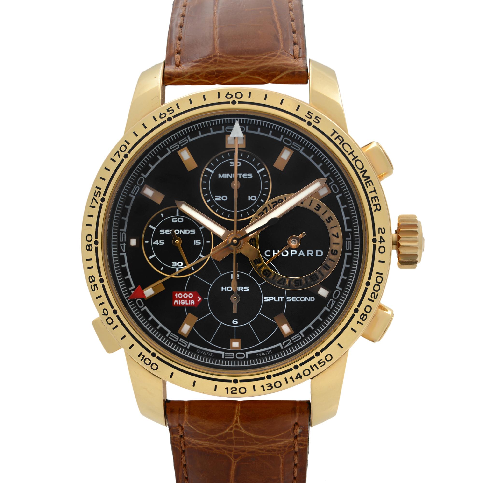 Pre Owned Chopard Mille Miglia Split Second Chronograph Limited Edition Watch 16/1261. This Beautiful Timepiece is Powered by Mechanical (Automatic) Movement And Features: Round 18k Gold Case with a Brown Leather Deployment Strap, Fixed 18k Gold