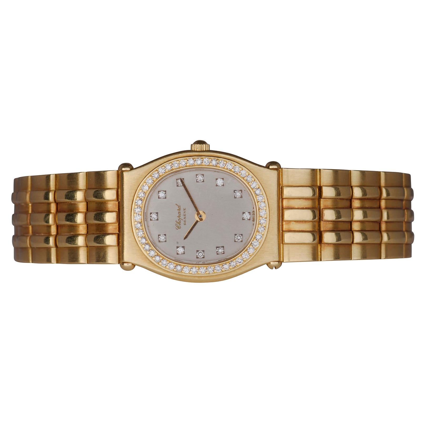 Estate Chopard Monte Carlo diamond ladies wrist watch. This Swiss ladies wrist watch has an 18 karat yellow gold case and bracelet. The Chopard ladies wrist watch features a silver dial with diamond markers and a single row diamond bezel. This