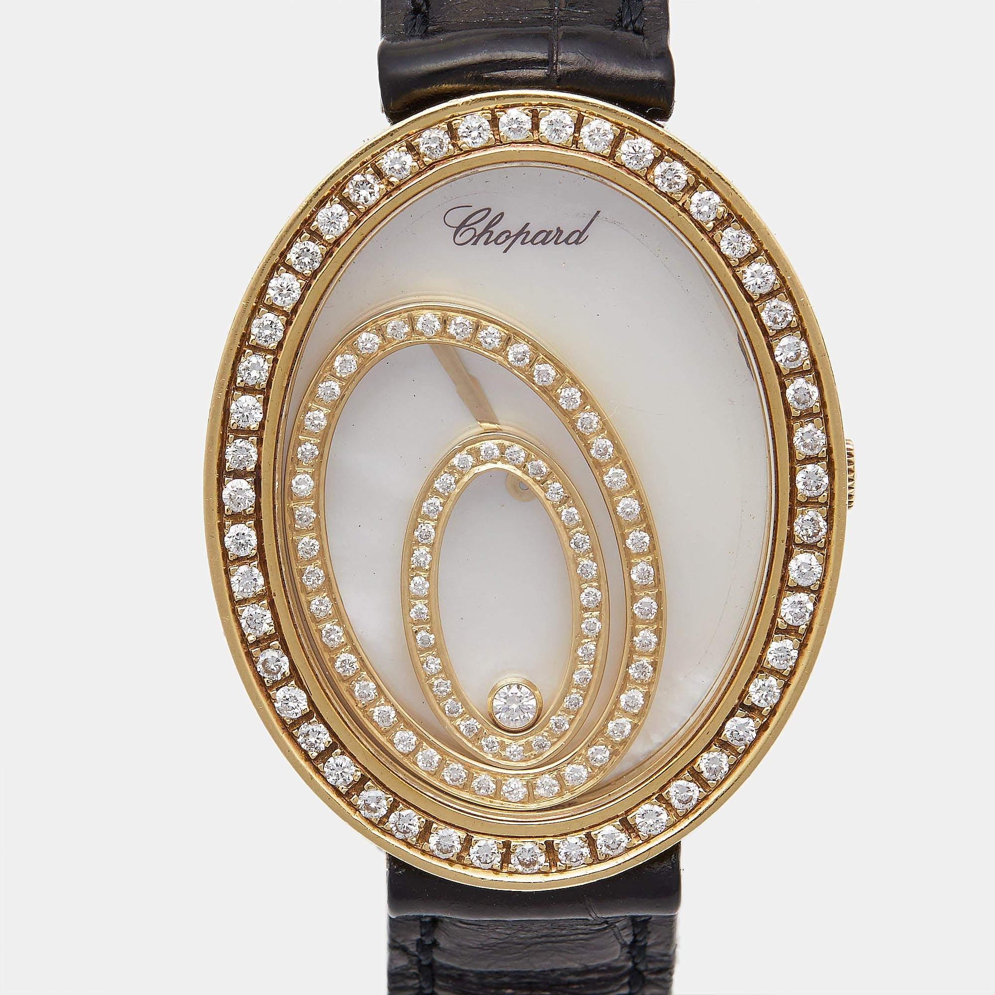 The Chopard Happy Spirit watch epitomizes timeless elegance. Crafted in lustrous 18K yellow gold, its bezel is adorned with dazzling diamonds, while the enchanting mother-of-pearl dial adds a touch of sophistication. The luxurious alligator leather