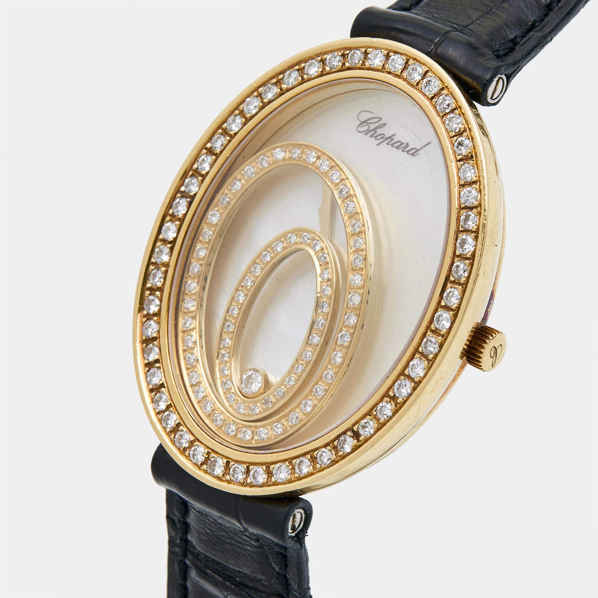Women's Chopard Mother Of Pearl 18K Yellow Gold Diamond Alligator Leather Happy Spirit W
