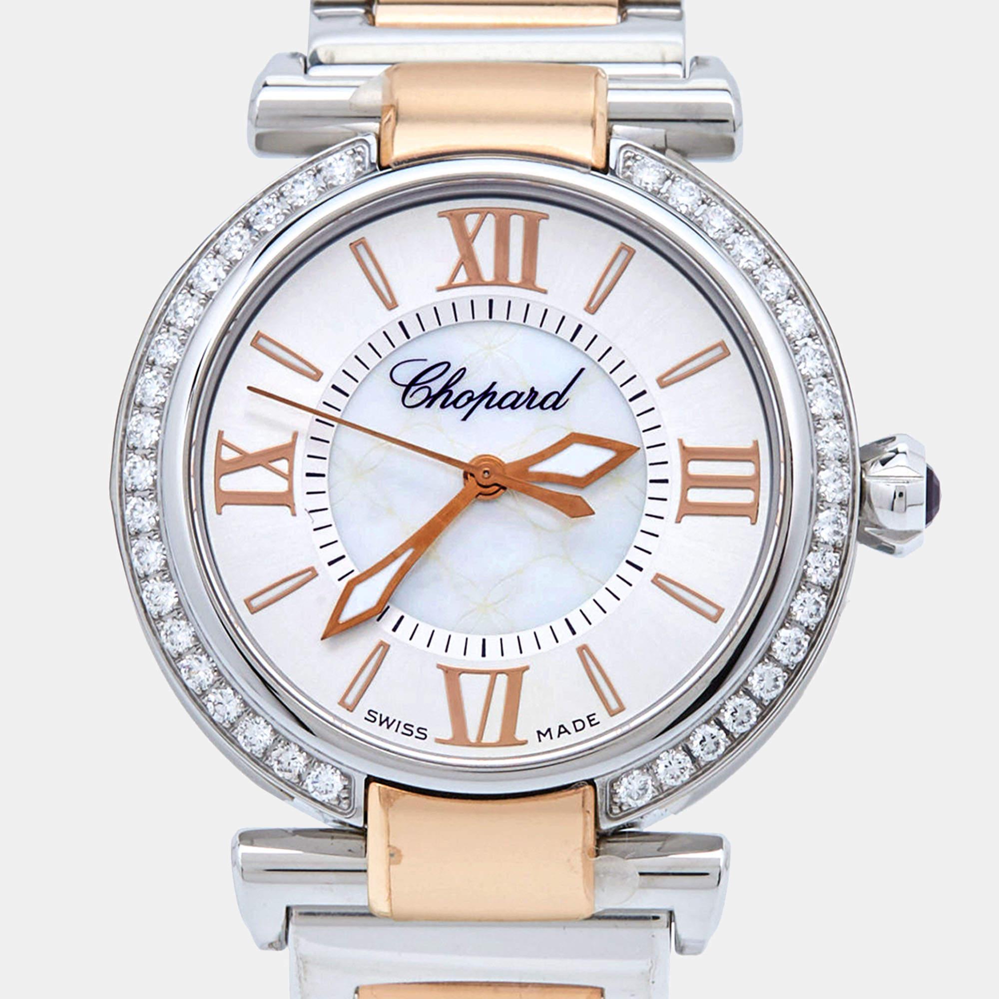 This Imperiale watch is a testament to the wondrous craftsmanship and painstaking effort that goes into making a Chopard wonder! Made using 18k rose gold and stainless steel, the case has a Mother of Pearl dial and a diamond-studded bezel to catch