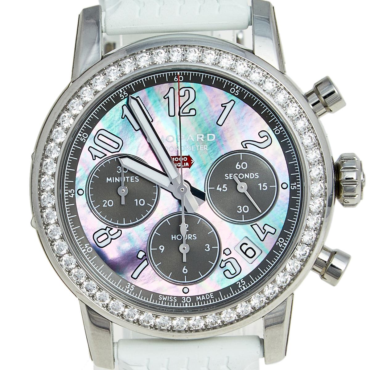 Chopard Mother of Pearl Stainless Steel Diamond Rubber Women's Wristwatch 39 mm 2