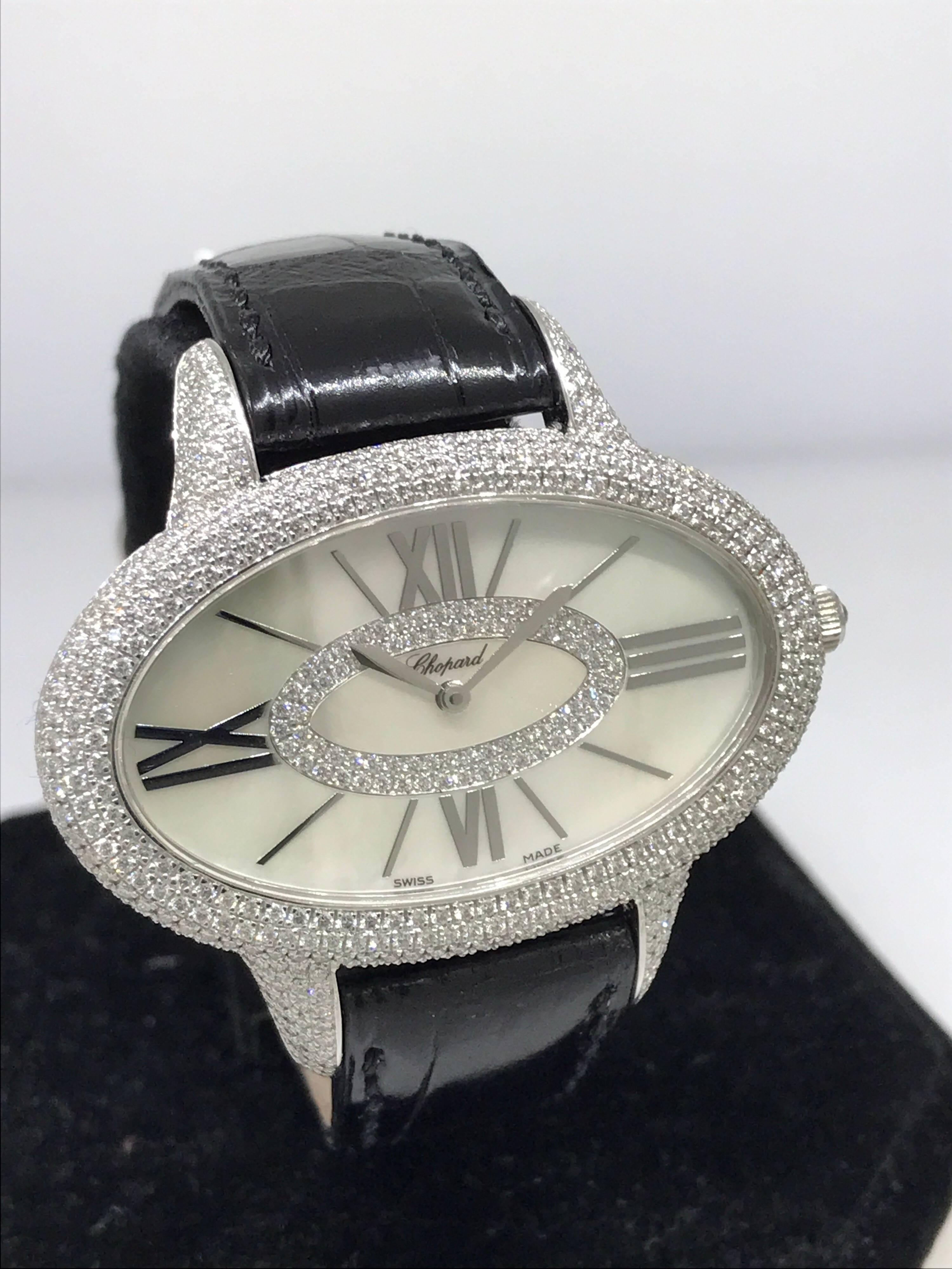 Women's Chopard Oblong Boutique Edition Oval Classique Pave Diamond Leather Ladies Watch For Sale