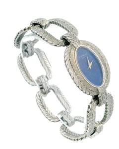 Chopard 18K White Gold Oval Lapis Dia Herringbone Link Bracelet Watch