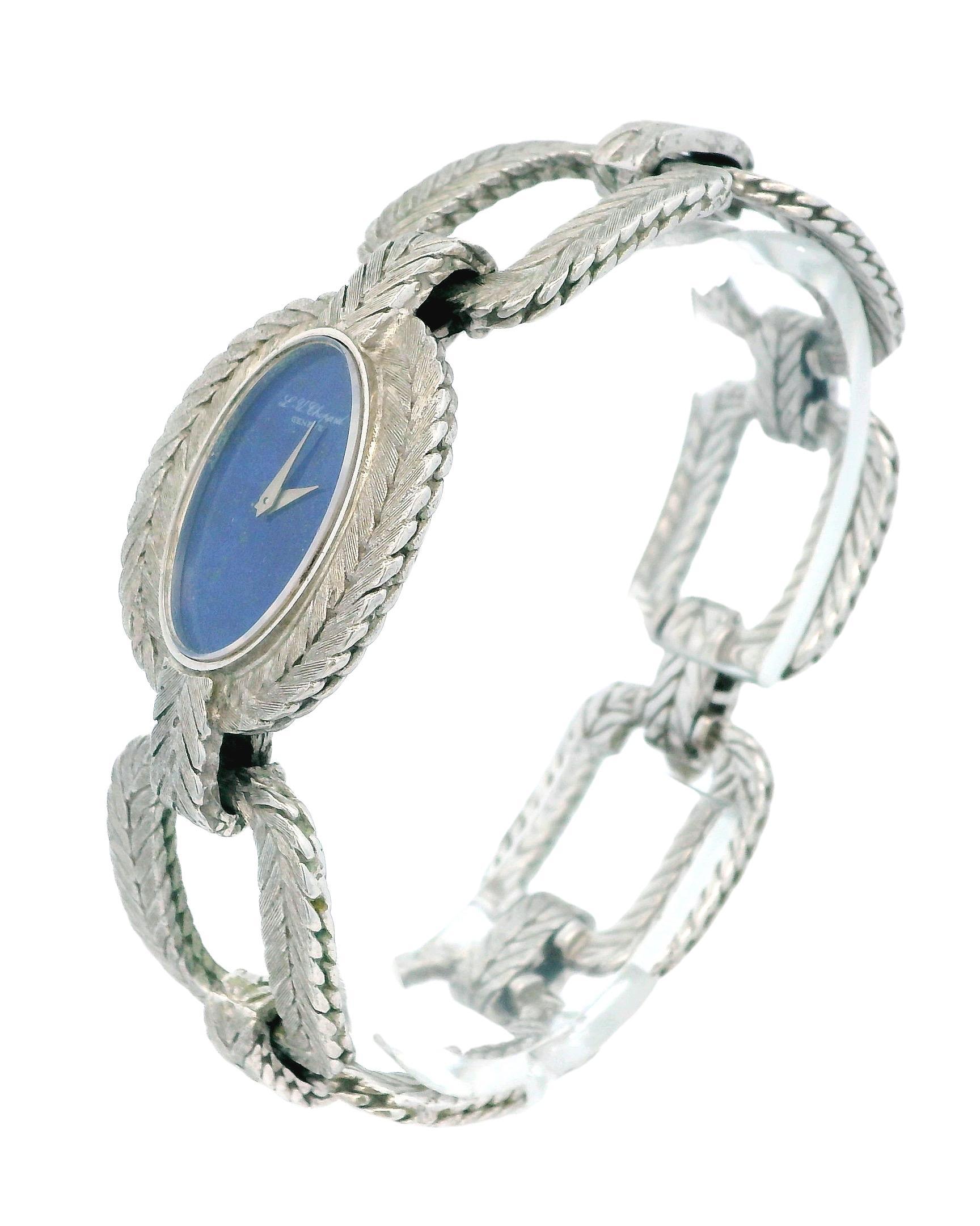 chopard oval lapis zifferblatt cush shp herringbone link brac 18kw im Zustand „Gut“ im Angebot in Great Neck Plaza, NY