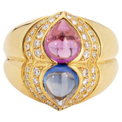 Retro Chopard Pink Blue Sapphire Ring Diamond Estate 18k Yellow Gold Sz 6 Band Signed