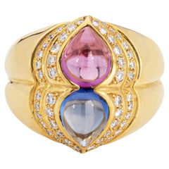 Chopard, bague de succession en or jaune 18 carats avec saphirs roses et bleus, taille 6, signée