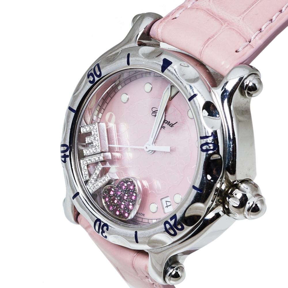 Uncut Chopard Pink Stainless Steel Diamonds Love Happy Sport Women's Wristwatch 38 MM