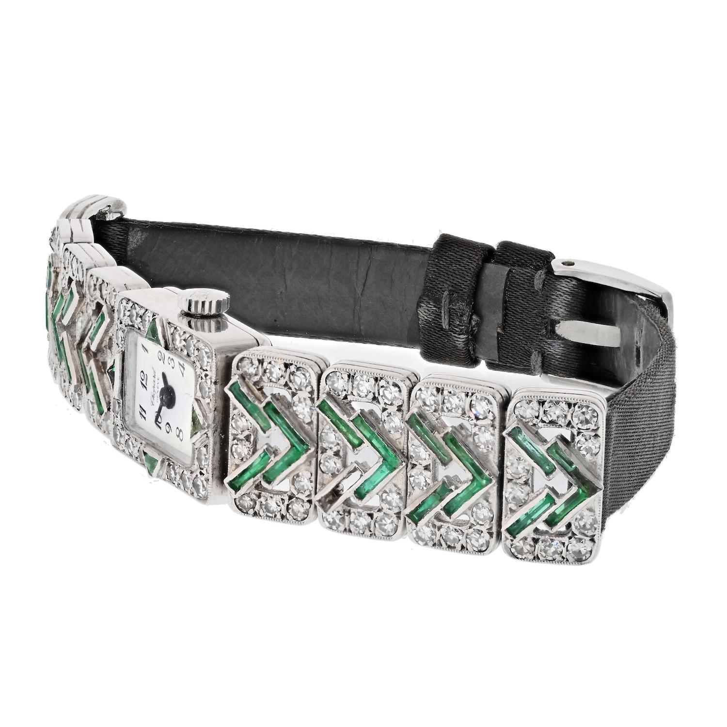 Modern Chopard Platinum Deco Diamond And Green Emerald Watch For Sale