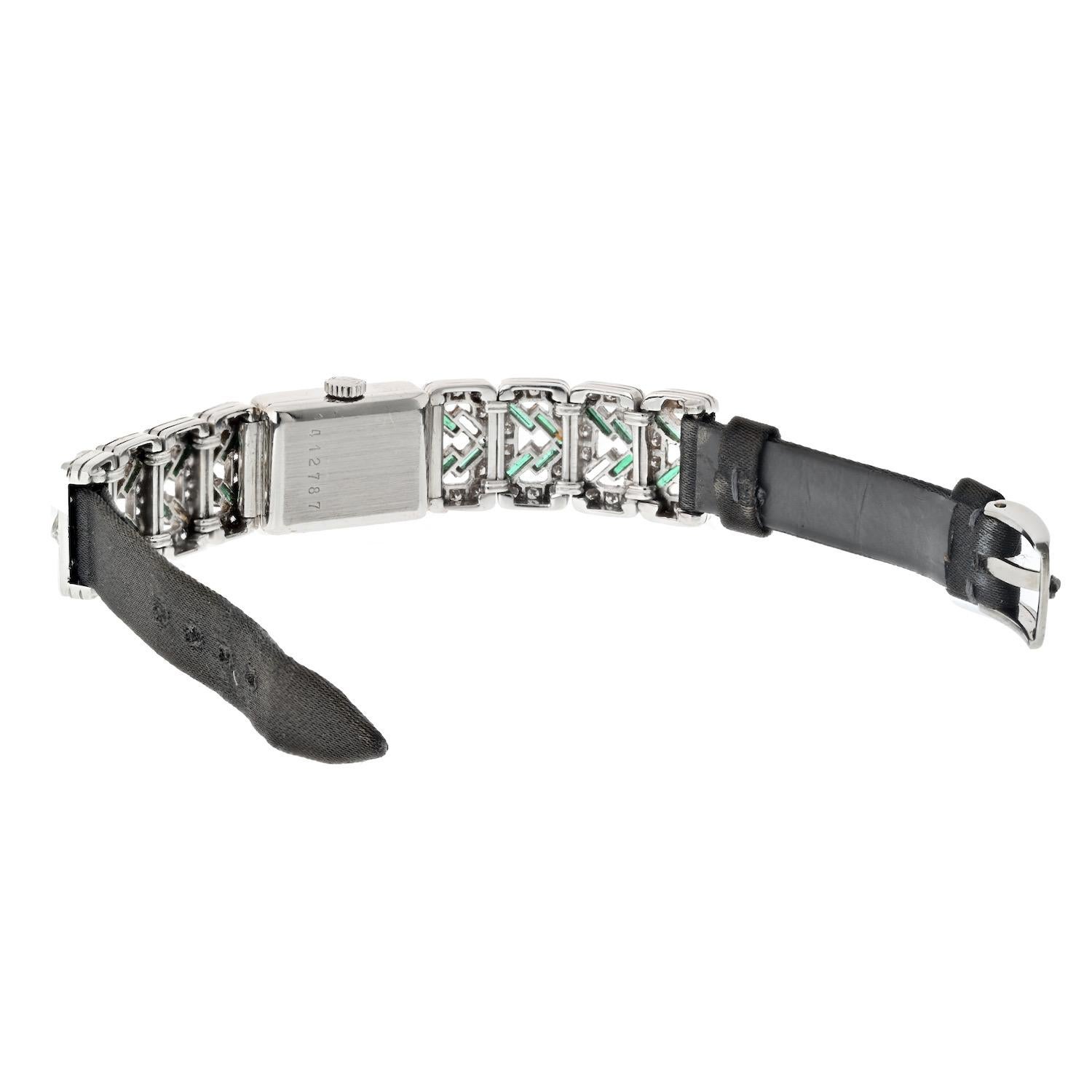 Round Cut Chopard Platinum Deco Diamond And Green Emerald Watch For Sale