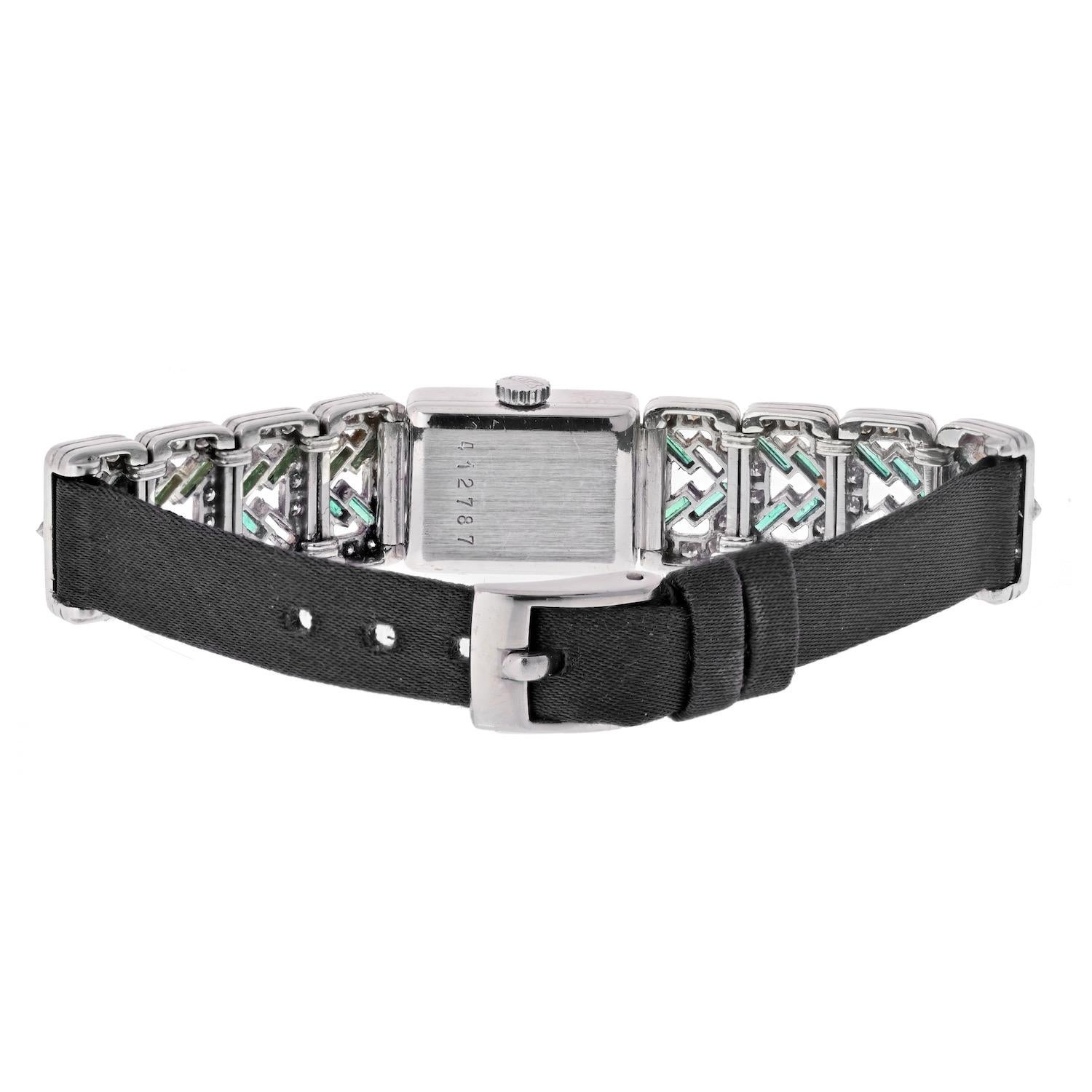 Chopard Platinum Deco Diamond And Green Emerald Watch In Good Condition For Sale In New York, NY