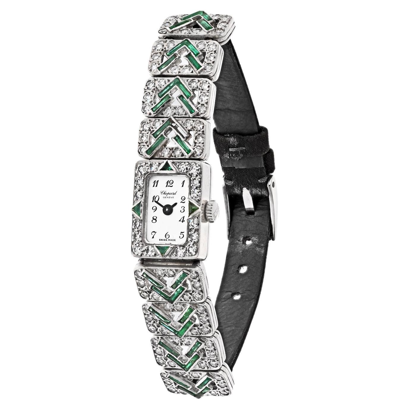 Chopard Platinum Deco Diamond And Green Emerald Watch