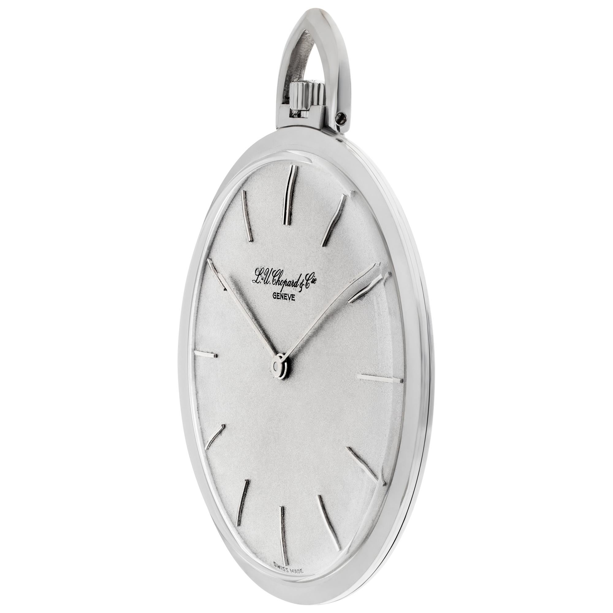 Chopard pocket watch in 18k white gold. Manual. 41 mm case size. Ref 9877. Fine Pre-owned Chopard Watch. Certified preowned Vintage Chopard pocket watch 9877 watch is made out of white gold. This Chopard watch has a 41  x 41 mm  case with a Round